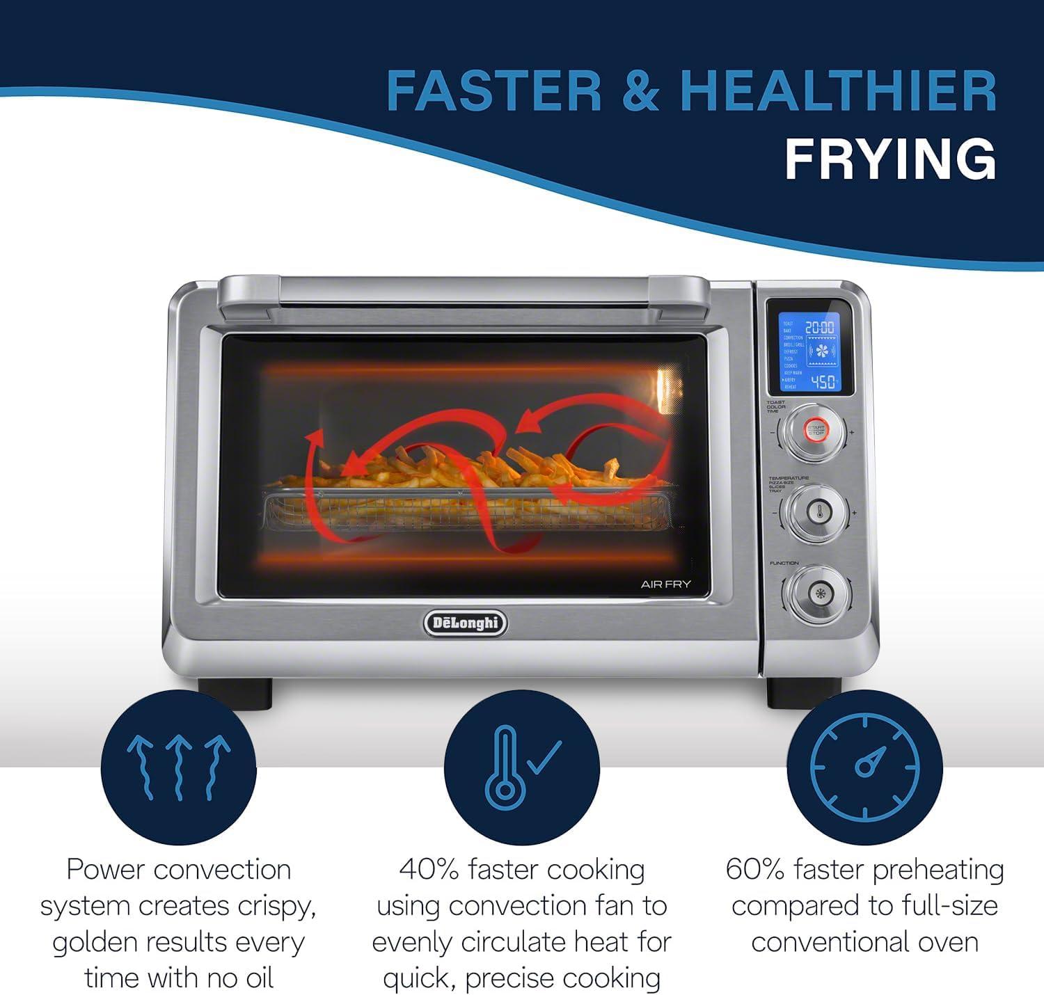 imageDeLonghi 10in1 Digital AirFryer 24L True Convection Toaster Oven with Internal Light Grills Broils Bakes Roasts Reheats Preset for Cookie ampamp Pizza 1800Watts Stainless Steel24L