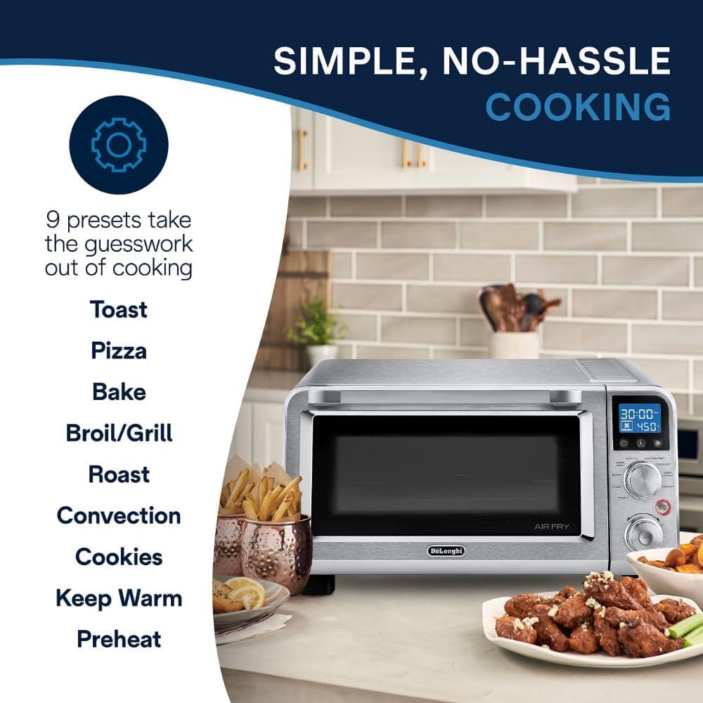 imageDeLonghi 10in1 Digital AirFryer 24L True Convection Toaster Oven with Internal Light Grills Broils Bakes Roasts Reheats Preset for Cookie ampamp Pizza 1800Watts Stainless Steel14L