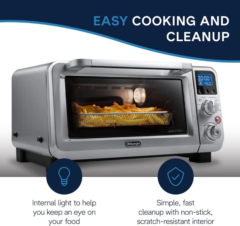 imageDeLonghi 10in1 Digital AirFryer 24L True Convection Toaster Oven with Internal Light Grills Broils Bakes Roasts Reheats Preset for Cookie ampamp Pizza 1800Watts Stainless Steel14L
