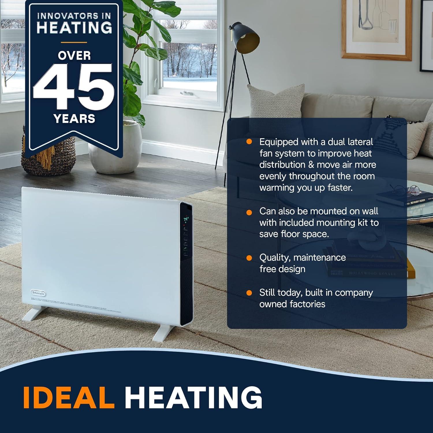 imageDeLonghi Convection Panel Heater Full Room Quiet 1500W portable electric heater is freestandingeasily wall mounted Energy Saving quick heat distribution timer white HCX9115EWhite