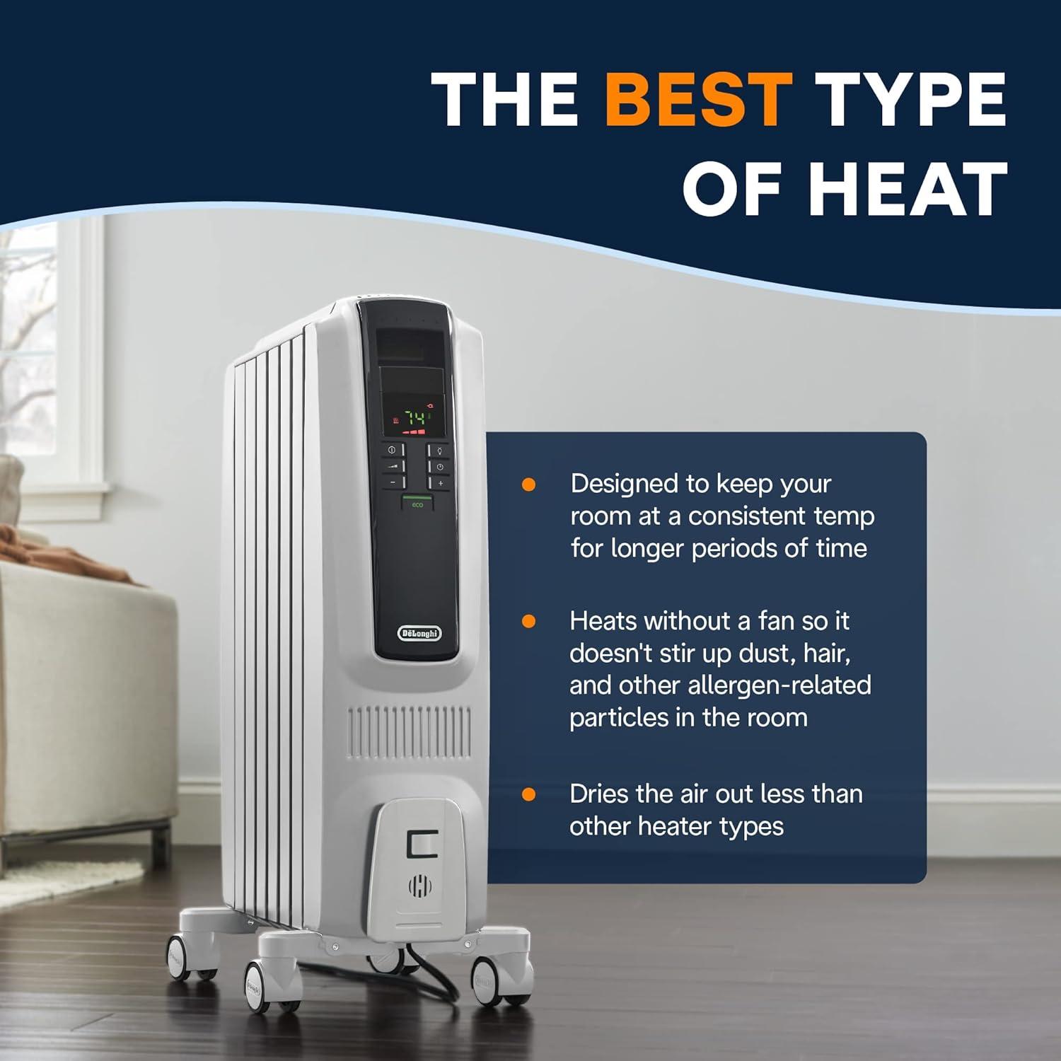 imageDeLonghi Dragon Digital Oil Filled Radiator Heater 1500W Electric Space Heater for indoor use programmable timer Energy Saving full room heater with safety features TRD40615EWhite