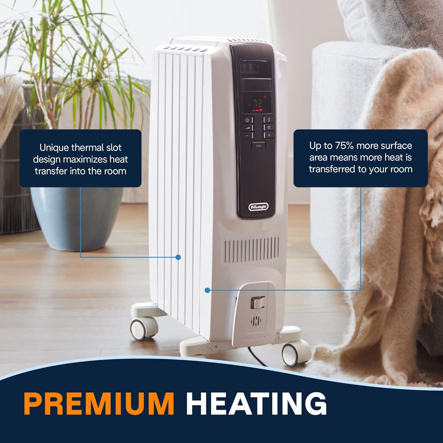 imageDeLonghi Dragon Digital Oil Filled Radiator Heater 1500W Electric Space Heater for indoor use programmable timer Energy Saving full room heater with safety features TRD40615EWhite