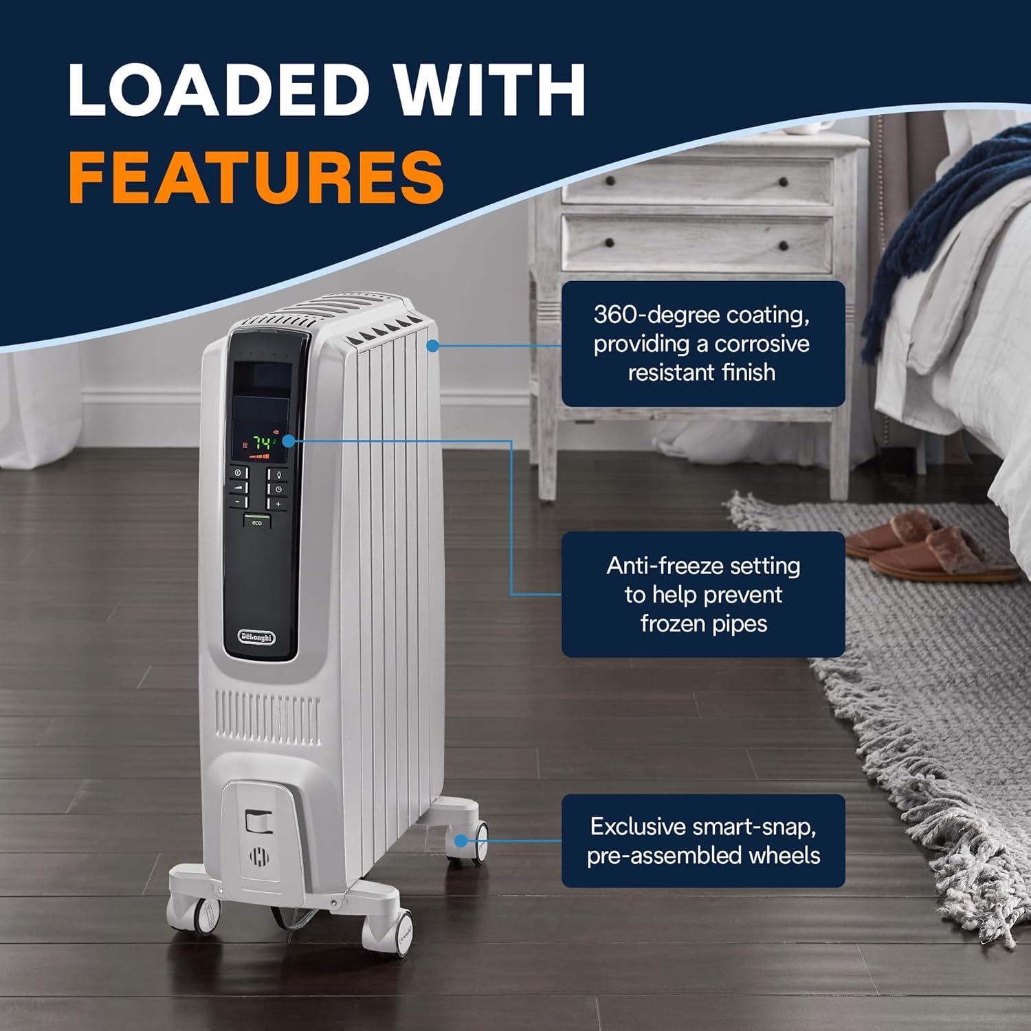 imageDeLonghi Dragon Digital Oil Filled Radiator Heater 1500W Electric Space Heater for indoor use programmable timer Energy Saving full room heater with safety features TRD40615EWhite