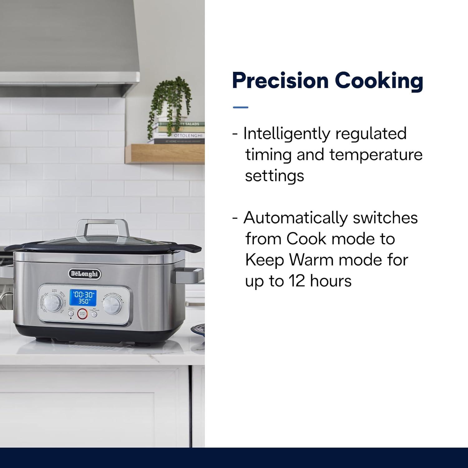 imageDeLonghi Livenza MultiCooker Stainless Steel 6 qt Crock Pot Slow Cooker 24Hour Programmability ampamp Seven Modes Includes NonStick DishwasherSafe Pot Steam Rack ampamp Glass Lid