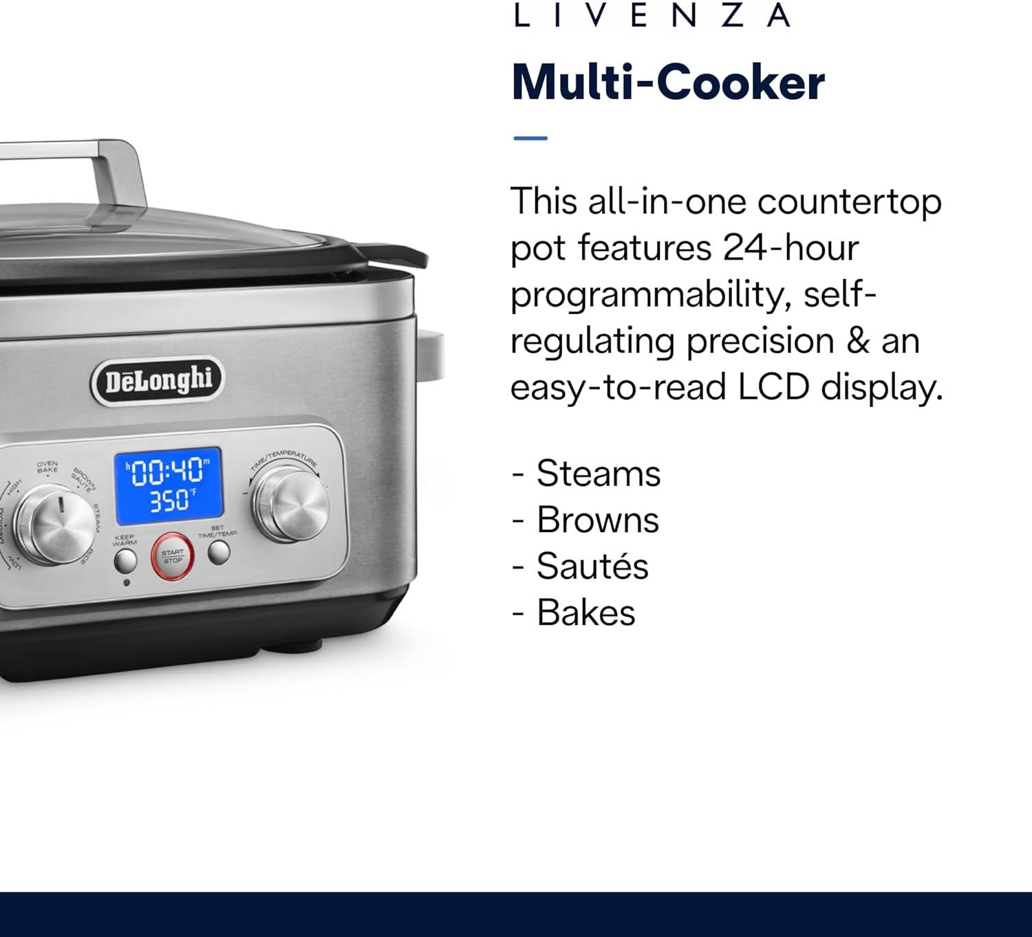 imageDeLonghi Livenza MultiCooker Stainless Steel 6 qt Crock Pot Slow Cooker 24Hour Programmability ampamp Seven Modes Includes NonStick DishwasherSafe Pot Steam Rack ampamp Glass Lid