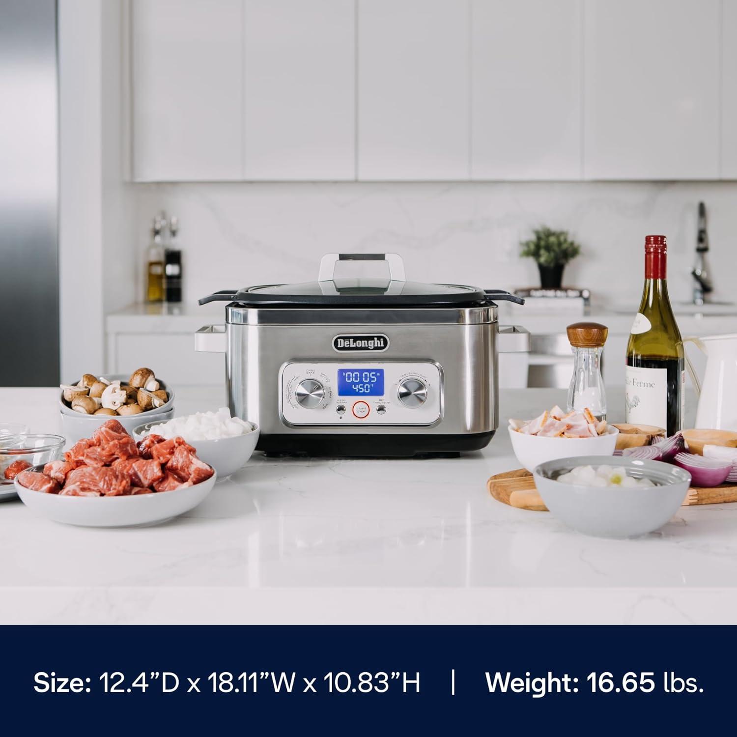 imageDeLonghi Livenza MultiCooker Stainless Steel 6 qt Crock Pot Slow Cooker 24Hour Programmability ampamp Seven Modes Includes NonStick DishwasherSafe Pot Steam Rack ampamp Glass Lid
