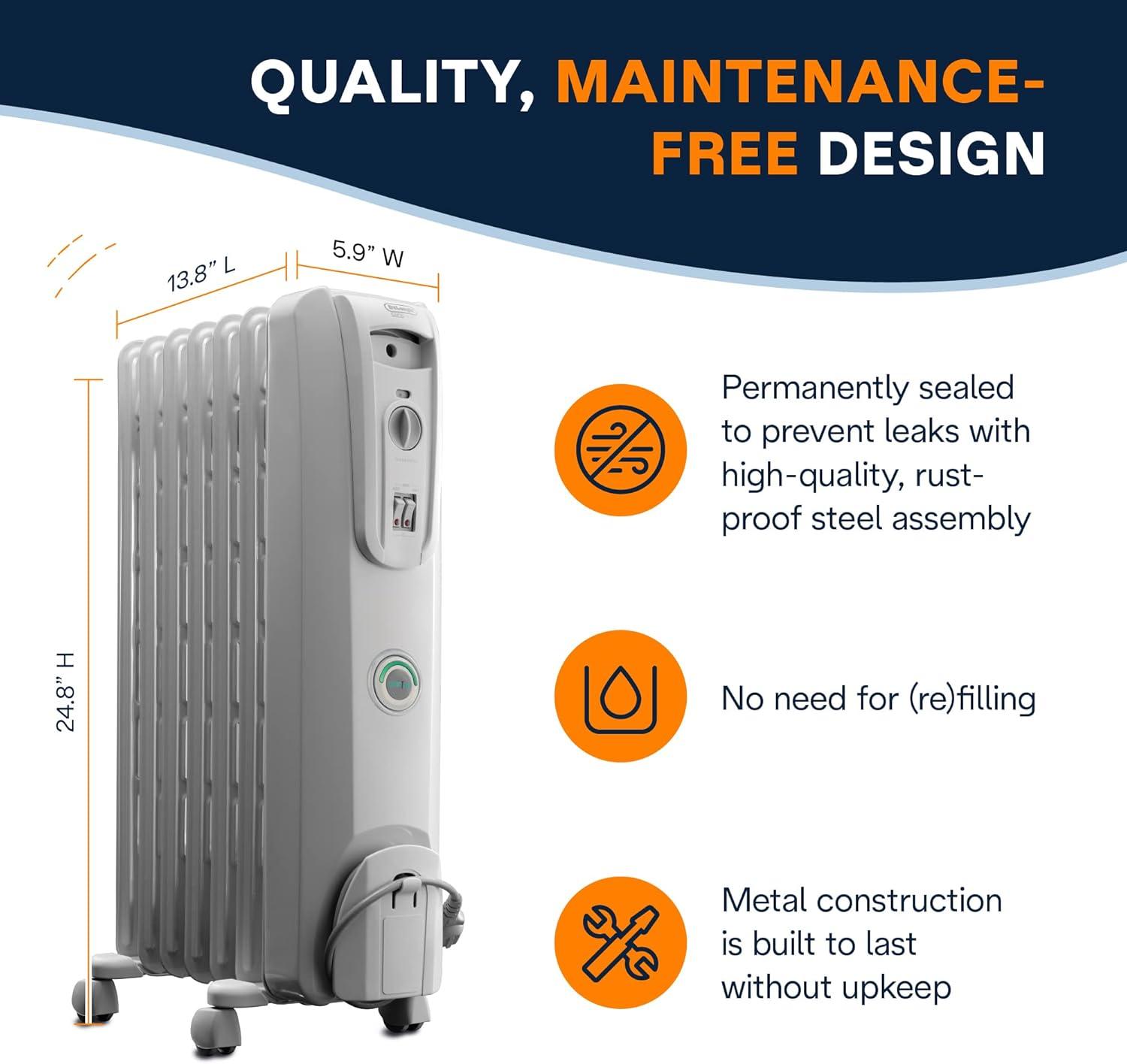 imageDeLonghi Oil filled Radiator Heater 1500W Electric Space Heater for indoor use portable room heater Energy Saving full room like office and bedroom with safety features EW7707CMWhite