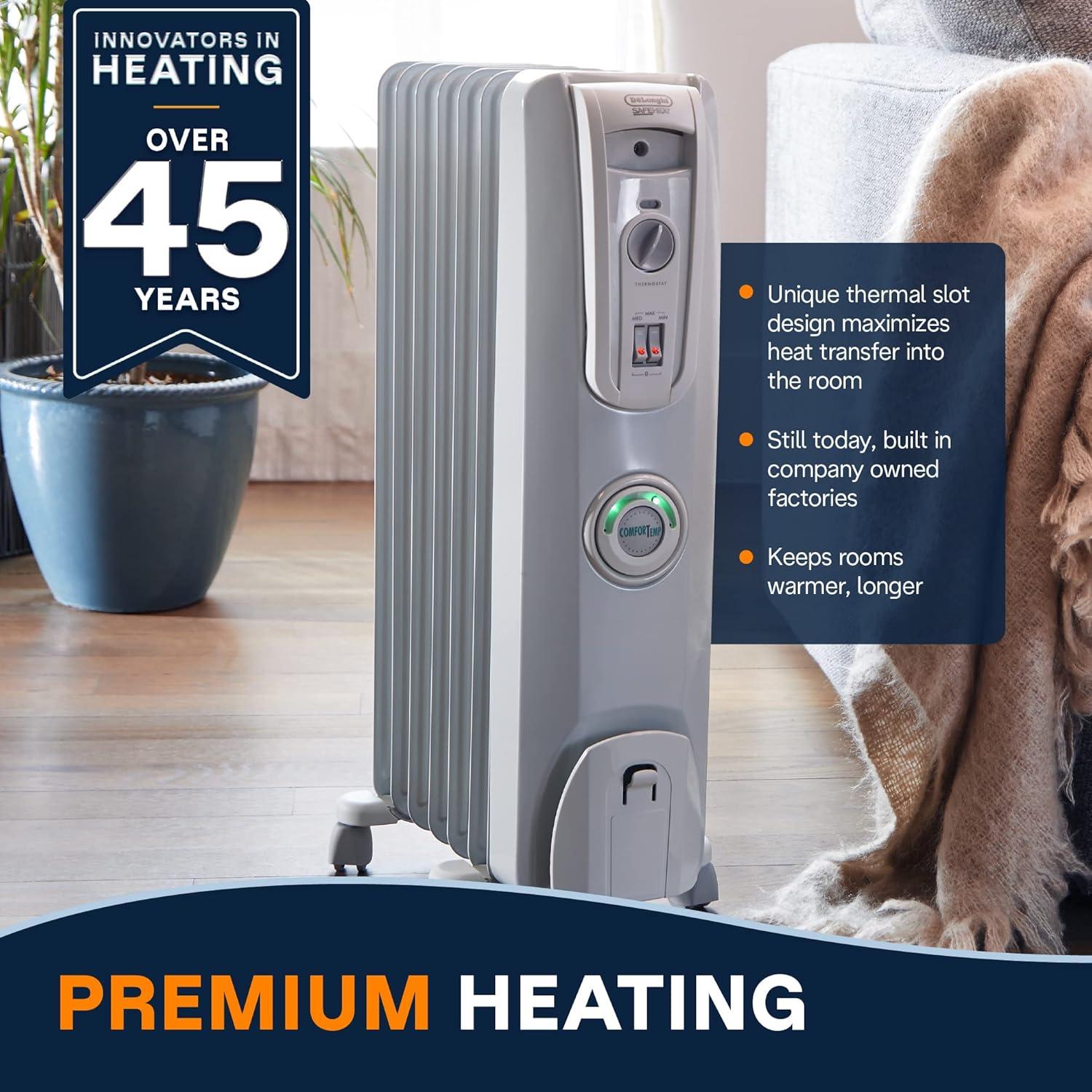 imageDeLonghi Oil filled Radiator Heater 1500W Electric Space Heater for indoor use portable room heater Energy Saving full room like office and bedroom with safety features EW7707CMWhite