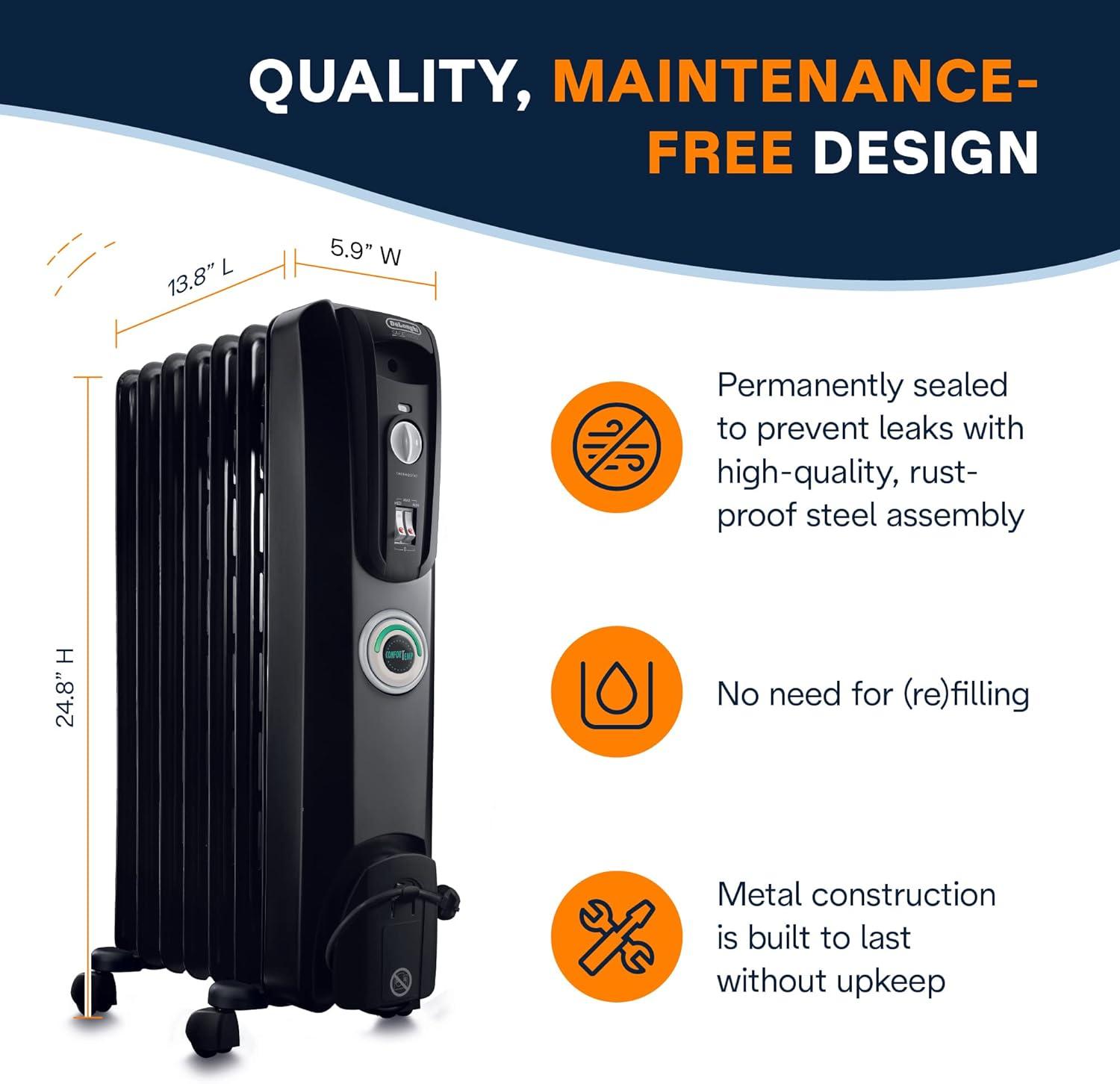 imageDeLonghi Oil filled Radiator Heater 1500W Electric Space Heater for indoor use portable room heater Energy Saving full room like office and bedroom with safety features EW7707CMBlack