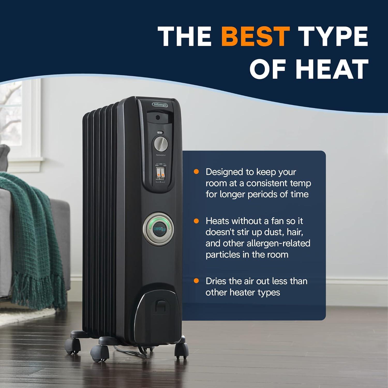 imageDeLonghi Oil filled Radiator Heater 1500W Electric Space Heater for indoor use portable room heater Energy Saving full room like office and bedroom with safety features EW7707CMBlack