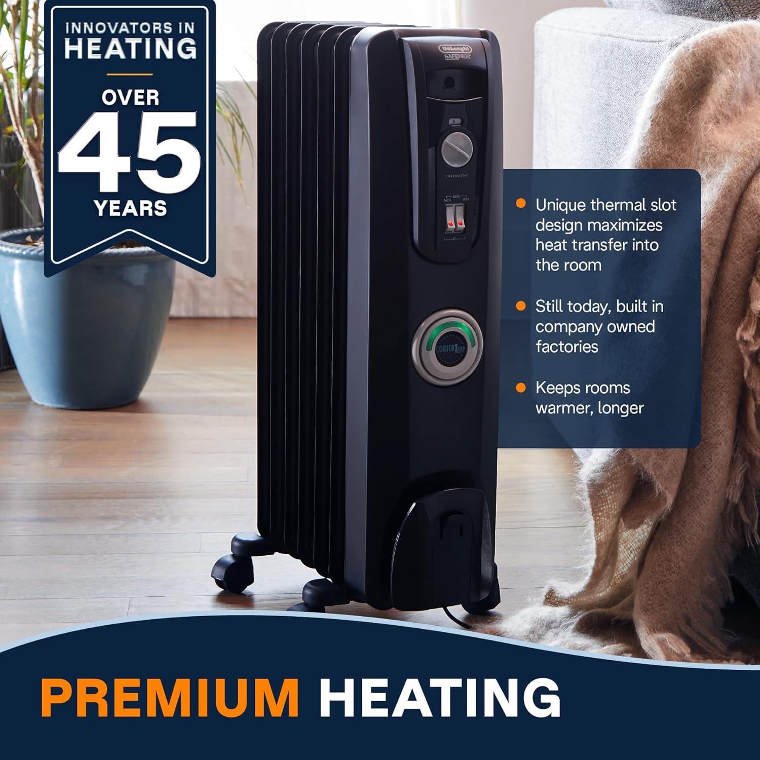 imageDeLonghi Oil filled Radiator Heater 1500W Electric Space Heater for indoor use portable room heater Energy Saving full room like office and bedroom with safety features EW7707CMBlack