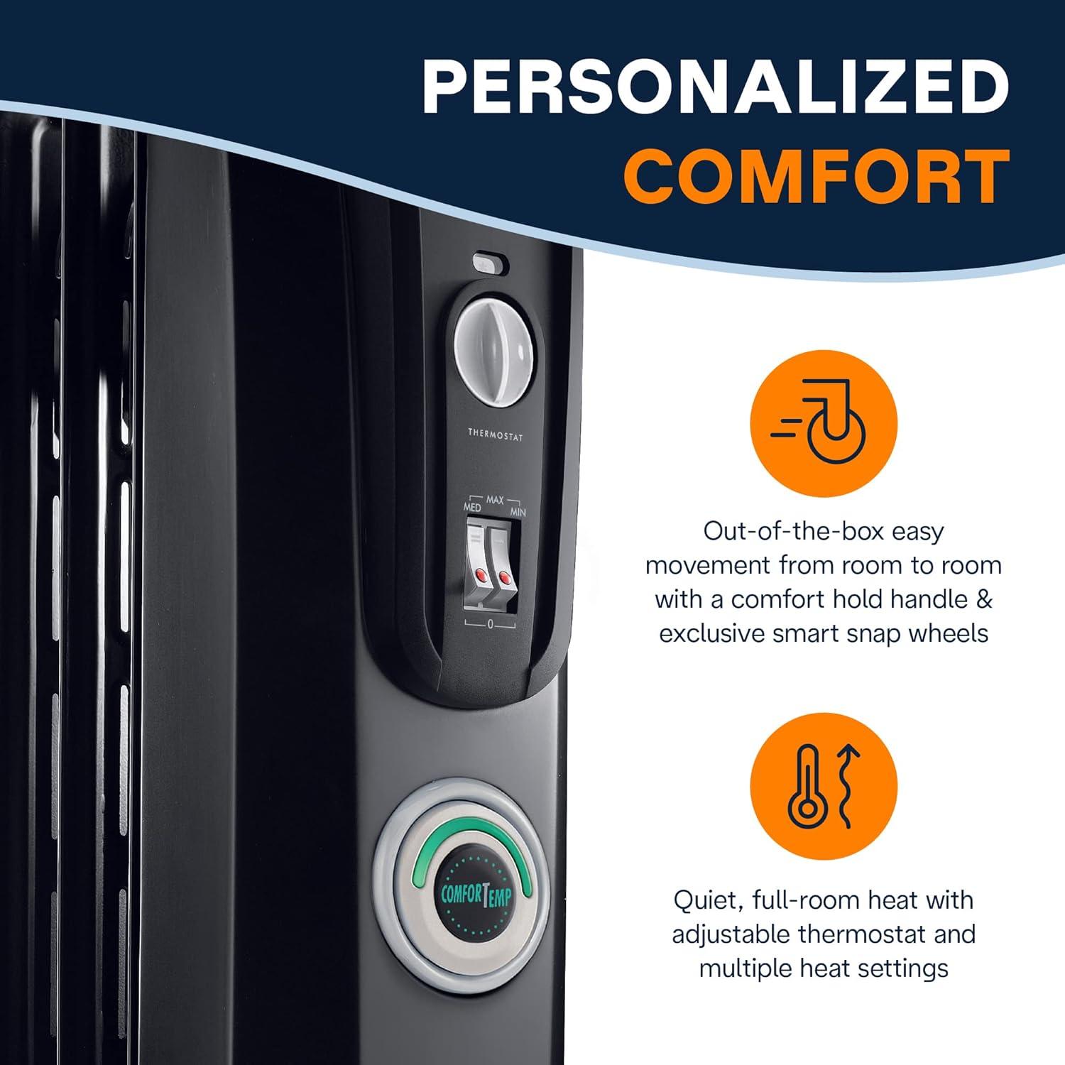 imageDeLonghi Oil filled Radiator Heater 1500W Electric Space Heater for indoor use portable room heater Energy Saving full room like office and bedroom with safety features EW7707CMBlack