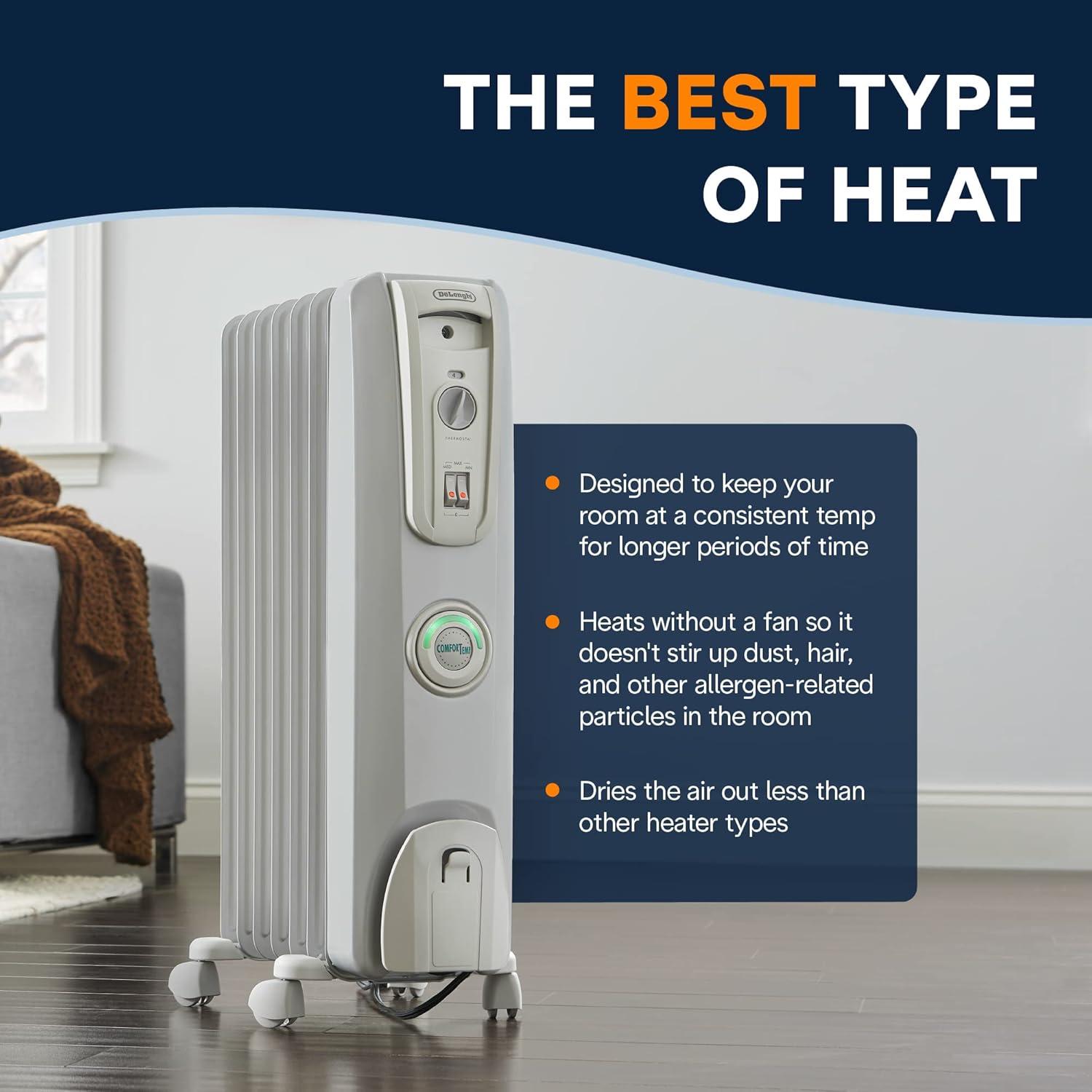 imageDeLonghi Oil filled Radiator Heater 1500W Electric Space Heater for indoor use portable room heater Energy Saving full room like office and bedroom with safety features EW7707CMWhite