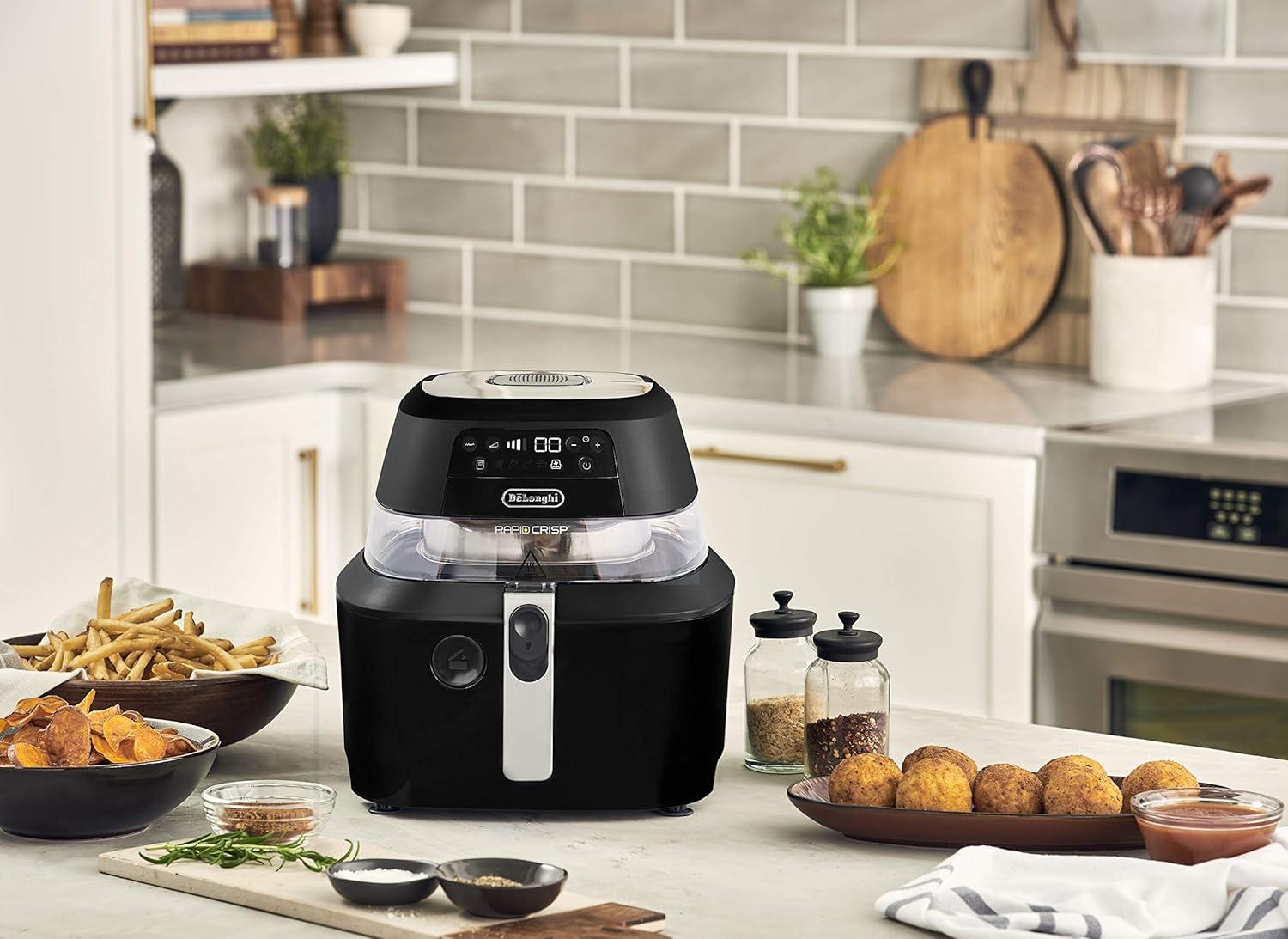 imageDeLonghi Rapid Crisp Air Fryer 5Quart 1700Watt XL Cooker Fries Crisps Roasts Bakes 5 Preset Functions Pizza Setting Up to 20 Faster Cooking Easy Clean Nonstick 360 Viewing BlackFH2394