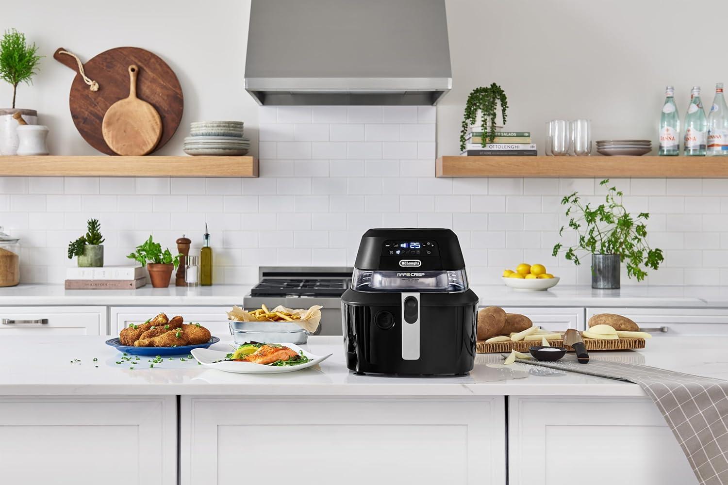 imageDeLonghi Rapid Crisp Air Fryer 5Quart 1700Watt XL Cooker Fries Crisps Roasts Bakes 5 Preset Functions Pizza Setting Up to 20 Faster Cooking Easy Clean Nonstick 360 Viewing BlackFH2394