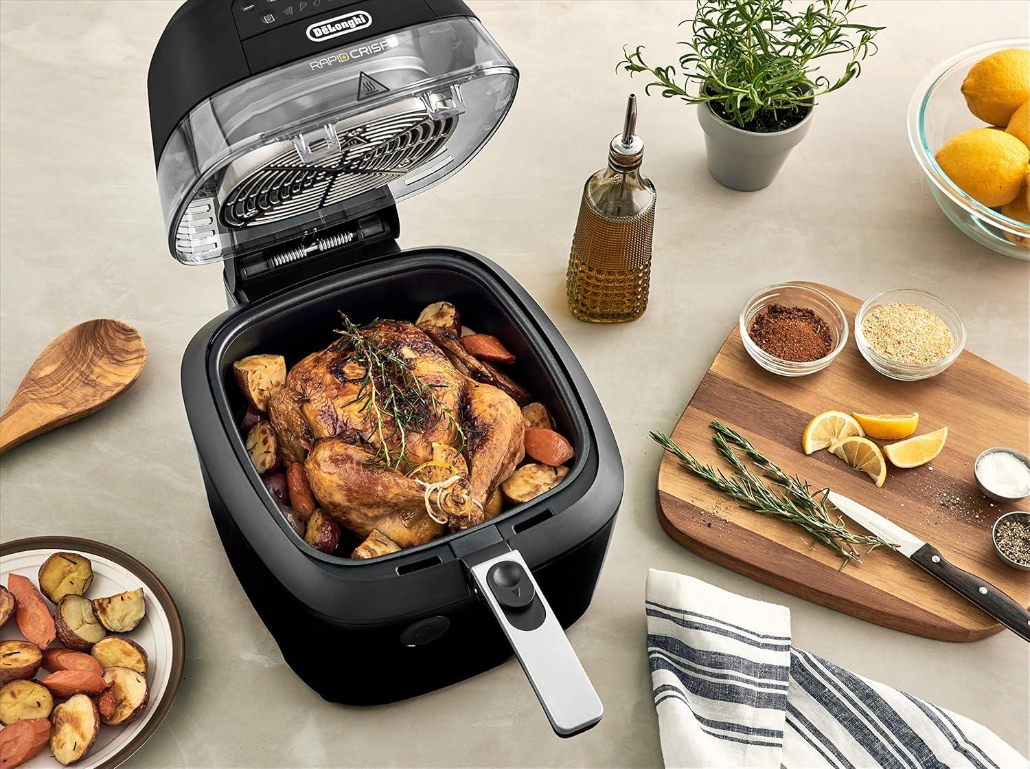 imageDeLonghi Rapid Crisp Air Fryer 5Quart 1700Watt XL Cooker Fries Crisps Roasts Bakes 5 Preset Functions Pizza Setting Up to 20 Faster Cooking Easy Clean Nonstick 360 Viewing BlackFH2394