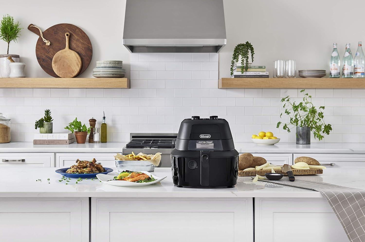 imageDeLonghi Rapid Crisp Air Fryer 5Quart 1700Watt XL Cooker Fries Crisps Roasts Bakes 5 Preset Functions Pizza Setting Up to 20 Faster Cooking Easy Clean Nonstick 360 Viewing BlackFH2133
