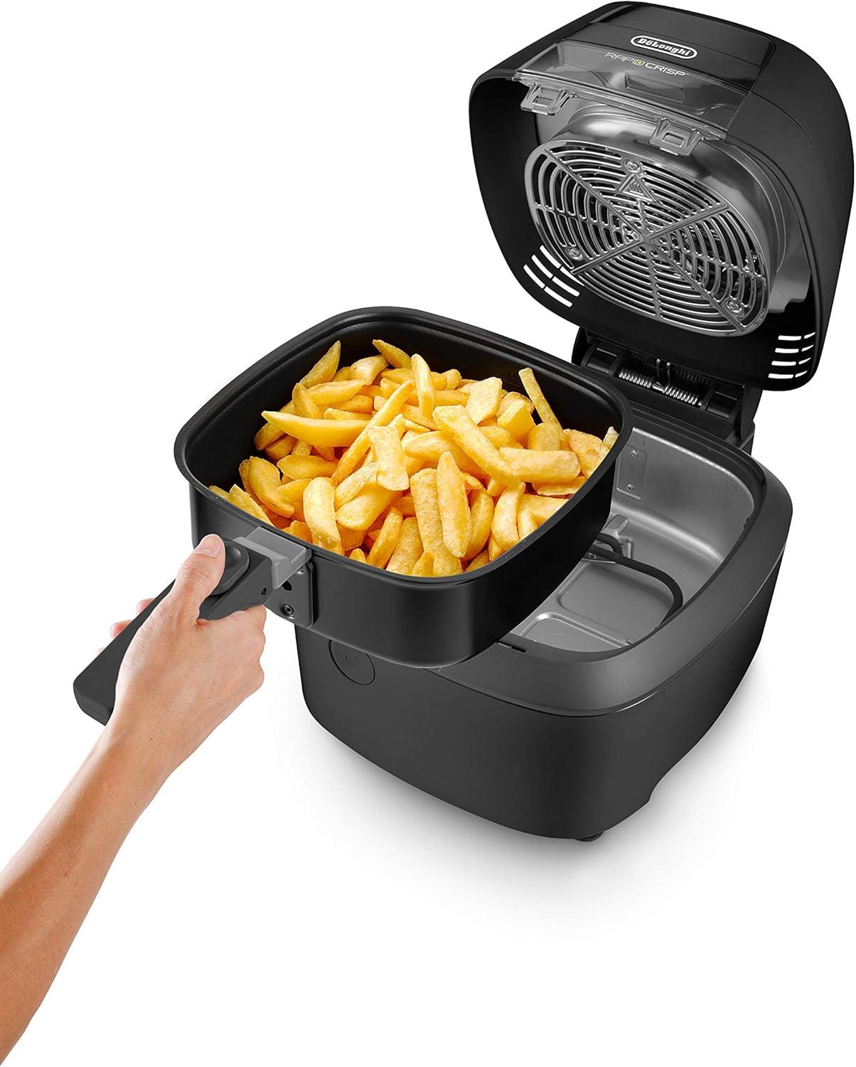 imageDeLonghi Rapid Crisp Air Fryer 5Quart 1700Watt XL Cooker Fries Crisps Roasts Bakes 5 Preset Functions Pizza Setting Up to 20 Faster Cooking Easy Clean Nonstick 360 Viewing BlackFH2133