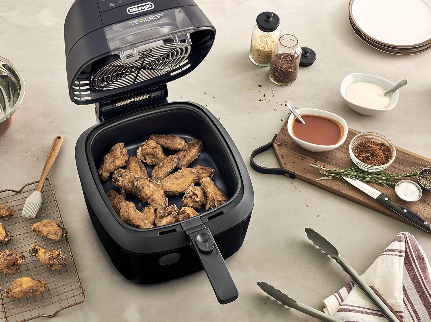 imageDeLonghi Rapid Crisp Air Fryer 5Quart 1700Watt XL Cooker Fries Crisps Roasts Bakes 5 Preset Functions Pizza Setting Up to 20 Faster Cooking Easy Clean Nonstick 360 Viewing BlackFH2133