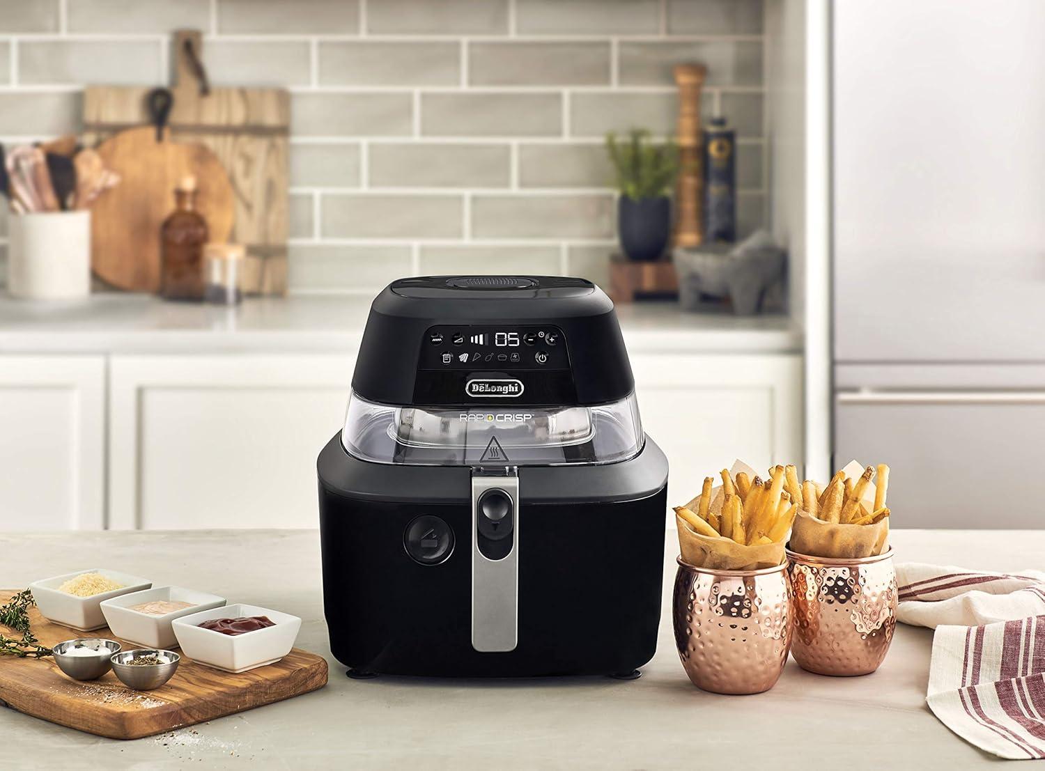imageDeLonghi Rapid Crisp Air Fryer 5Quart 1700Watt XL Cooker Fries Crisps Roasts Bakes 5 Preset Functions Pizza Setting Up to 20 Faster Cooking Easy Clean Nonstick 360 Viewing BlackFH2394