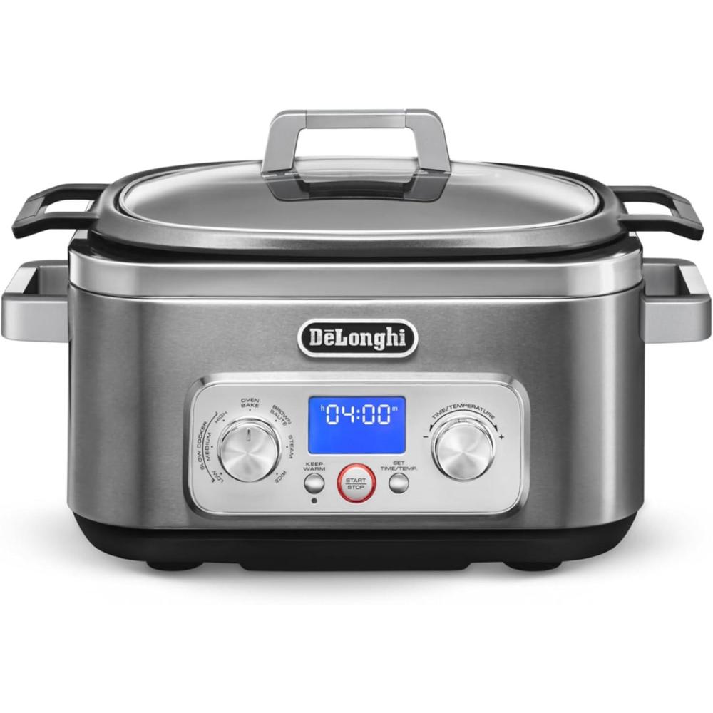 imageDeLonghi Livenza MultiCooker Stainless Steel 6 qt Crock Pot Slow Cooker 24Hour Programmability ampamp Seven Modes Includes NonStick DishwasherSafe Pot Steam Rack ampamp Glass Lid