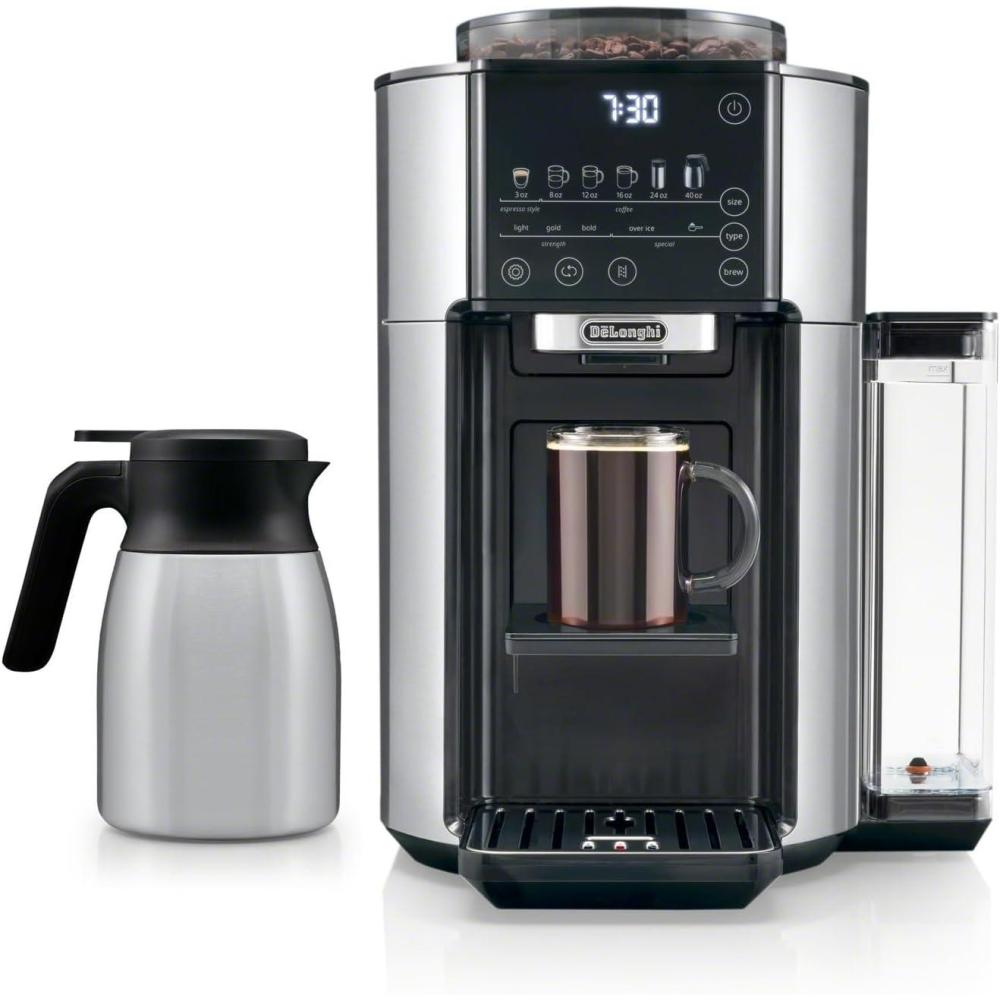 imageDeLonghi True Brew Drip Coffee Maker Built in Grinder Single Serve 8 oz to 24 oz Hot or Iced Coffee Stainless CAM51025MBTrue Brew with Carafe