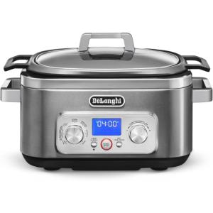 DeLonghi Livenza Multi-Cooker, Stainless Steel – 6 qt – Crock Pot Slow Cooker – 24-Hour Programmability & Seven Modes – Includes Non-Stick Dishwasher-Safe Pot, Steam Rack & Glass Lid
