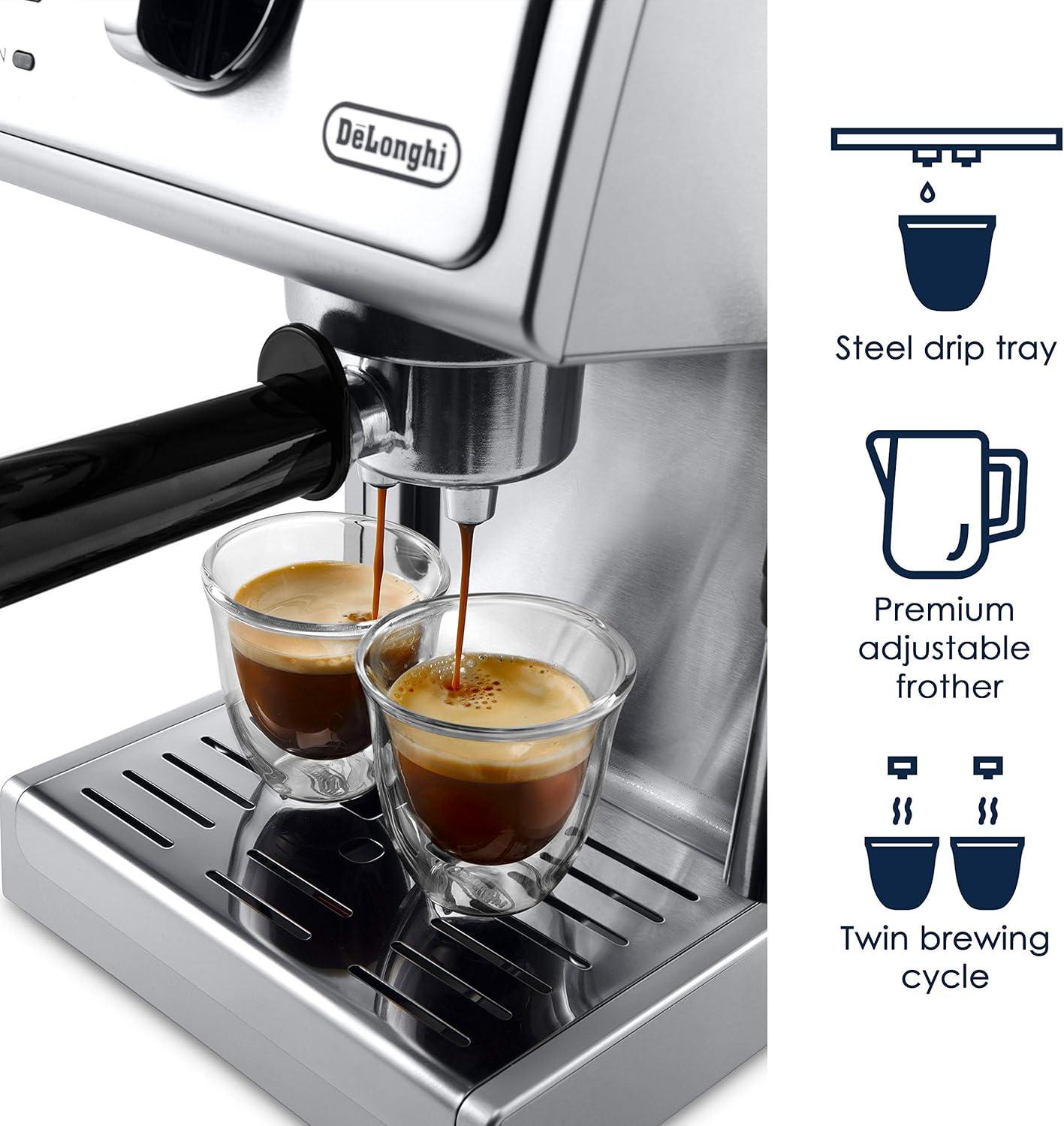 imageDeLonghi 15Bar Pump Espresso Machine with Milk Frother ampamp Temperature Control Compact Home Barista Coffee Maker for Espresso Latte Cappuccino ampamp Iced Coffee Easy to Clean DesignSilverStainless Steel