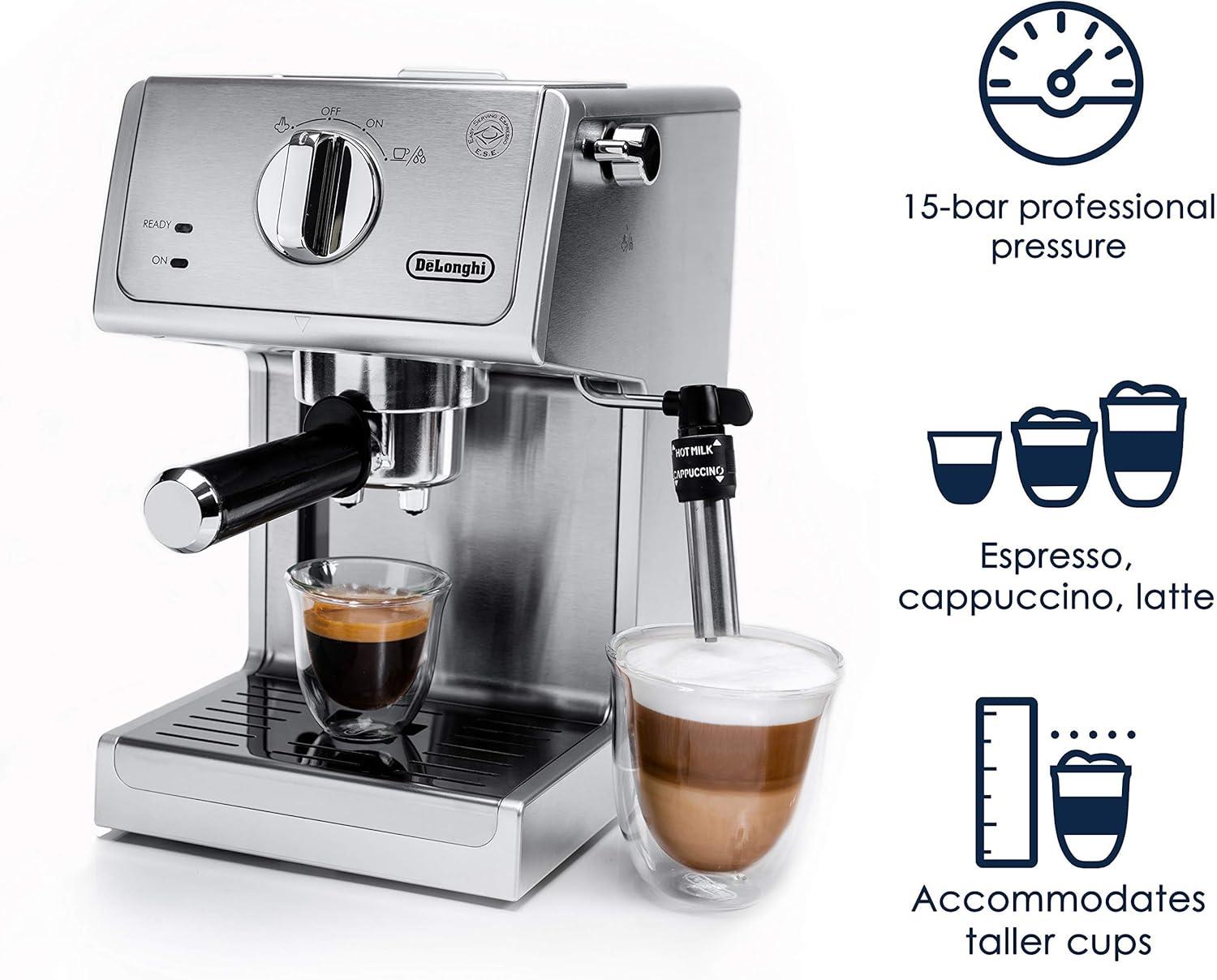imageDeLonghi 15Bar Pump Espresso Machine with Milk Frother ampamp Temperature Control Compact Home Barista Coffee Maker for Espresso Latte Cappuccino ampamp Iced Coffee Easy to Clean DesignSilverStainless Steel
