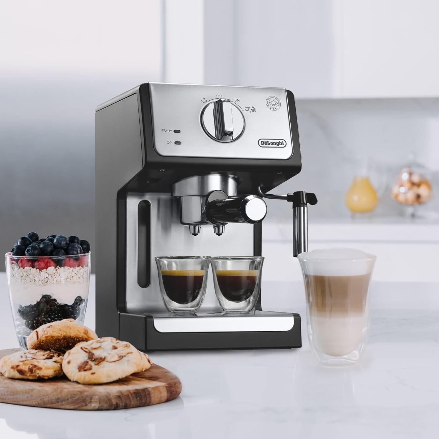 imageDeLonghi 15Bar Pump Espresso Machine with Milk Frother ampamp Temperature Control Compact Home Barista Coffee Maker for Espresso Latte Cappuccino ampamp Iced Coffee Easy to Clean DesignBlackStainless Steel