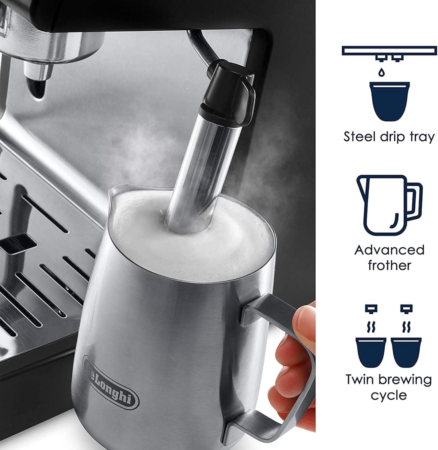 imageDeLonghi 15Bar Pump Espresso Machine with Milk Frother ampamp Temperature Control Compact Home Barista Coffee Maker for Espresso Latte Cappuccino ampamp Iced Coffee Easy to Clean DesignBlackStainless Steel