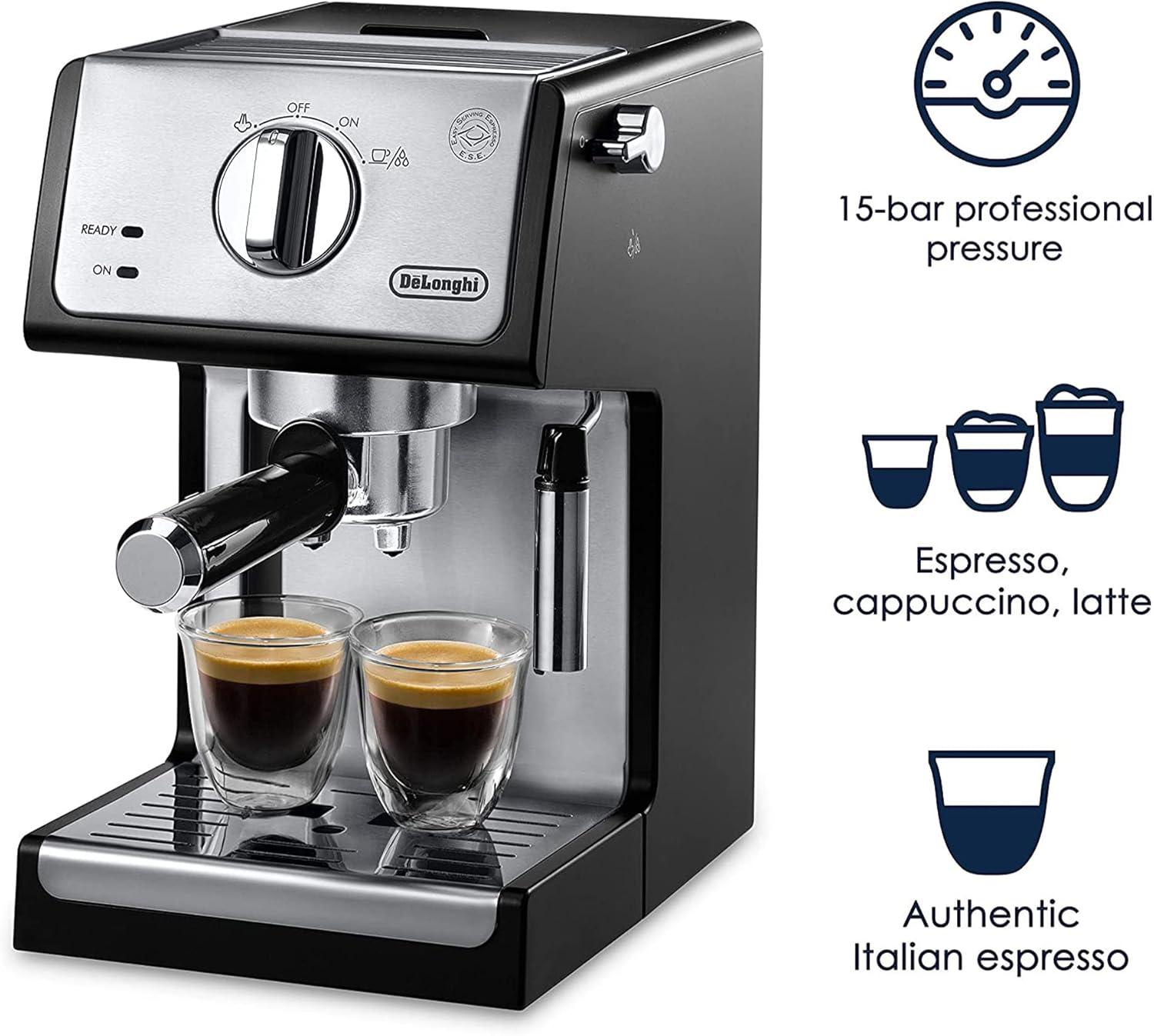 imageDeLonghi 15Bar Pump Espresso Machine with Milk Frother ampamp Temperature Control Compact Home Barista Coffee Maker for Espresso Latte Cappuccino ampamp Iced Coffee Easy to Clean DesignBlackStainless Steel