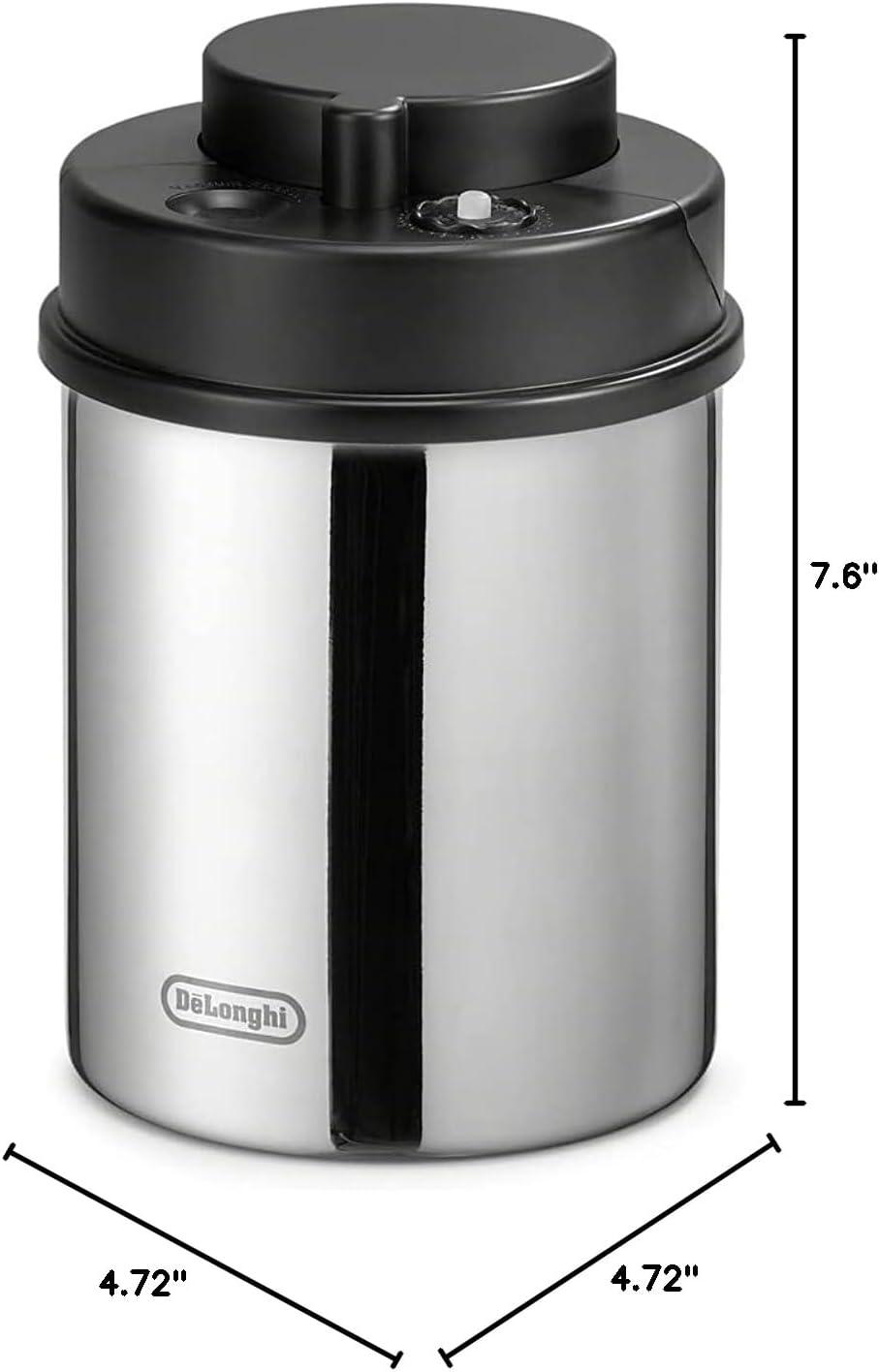 imageDeLonghi Coffee Canister Vacuum Sealed Food Storage Container with Airtight Lid ampamp Builtin Date Indicator Polished Stainless Steel Holds 1 LB 500 g DLSC063