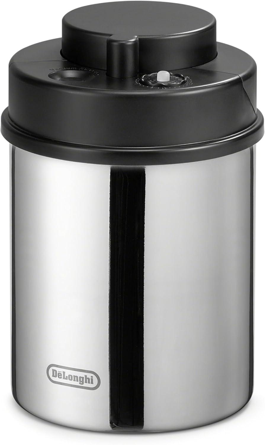 imageDeLonghi Coffee Canister Vacuum Sealed Food Storage Container with Airtight Lid ampamp Builtin Date Indicator Polished Stainless Steel Holds 1 LB 500 g DLSC063