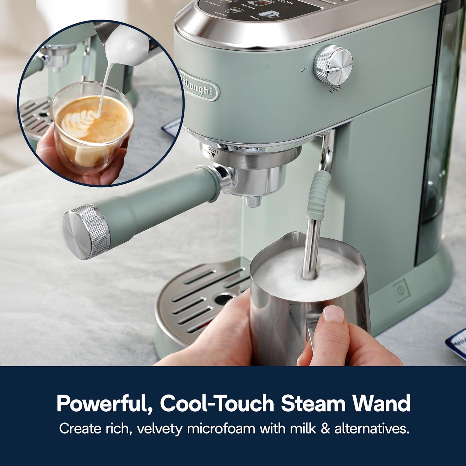 imageDeLonghi Dedica Duo Compact Espresso Machine Cold Brew Coffee Maker with Milk Frother Wand for Espresso Hot ampamp Iced Coffee Cappuccinos Lattes ampamp Home Barista Brewing Stainless Steel FinishPistachio Green