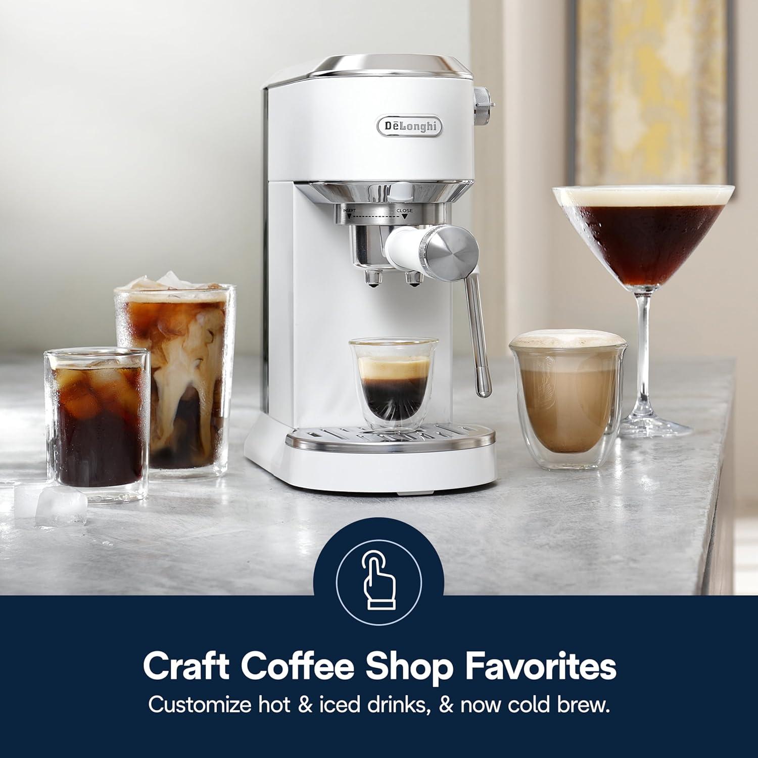 imageDeLonghi Dedica Duo Compact Espresso Machine Cold Brew Coffee Maker with Milk Frother Wand for Espresso Hot ampamp Iced Coffee Cappuccinos Lattes ampamp Home Barista Brewing Stainless Steel FinishVanilla