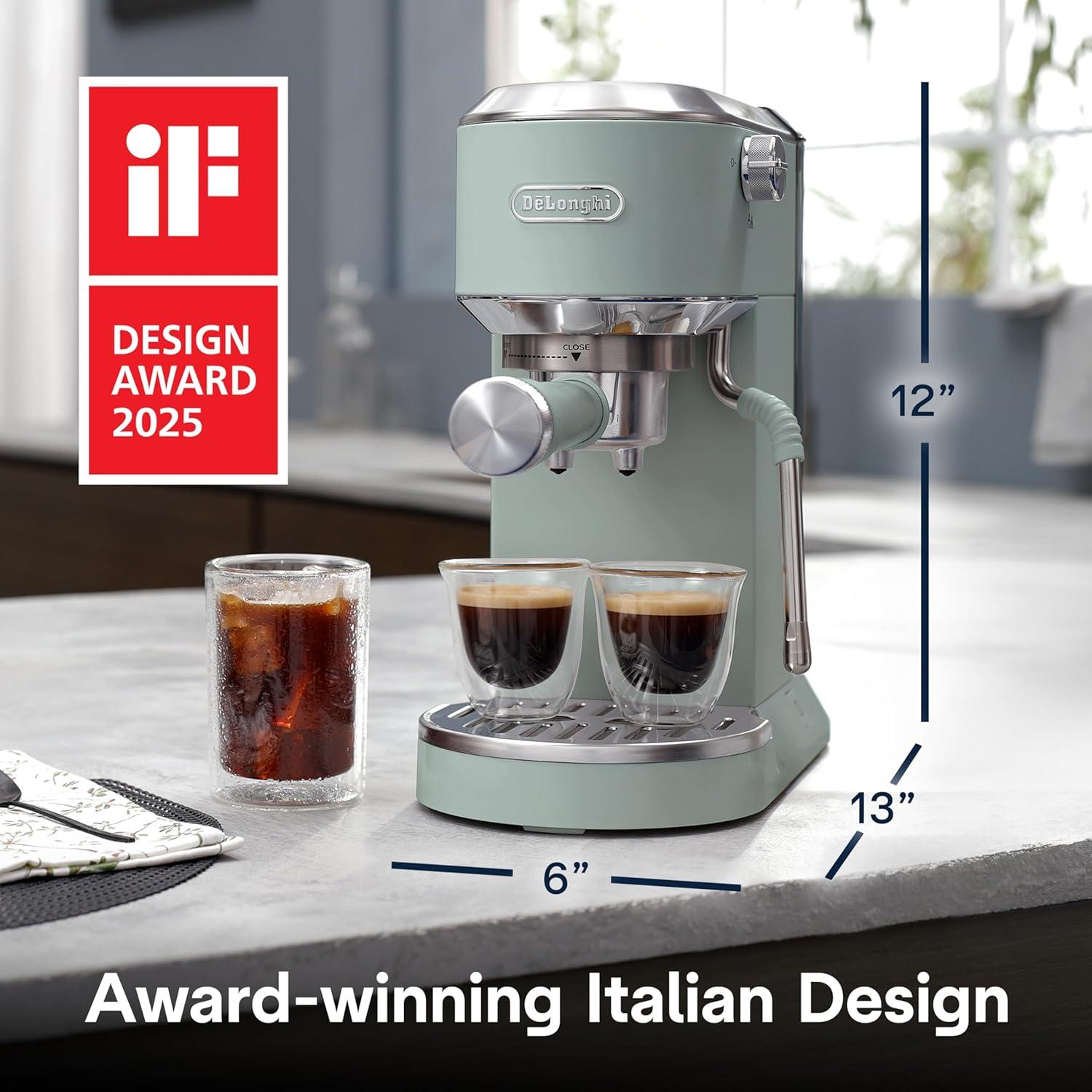 imageDeLonghi Dedica Duo Compact Espresso Machine Cold Brew Coffee Maker with Milk Frother Wand for Espresso Hot ampamp Iced Coffee Cappuccinos Lattes ampamp Home Barista Brewing Stainless Steel FinishPistachio Green