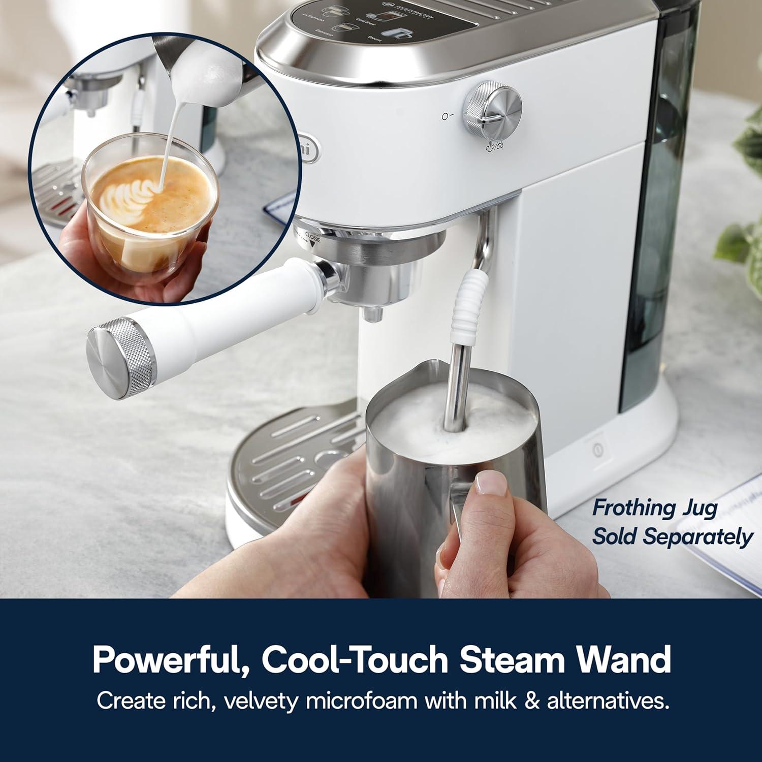 imageDeLonghi Dedica Duo Compact Espresso Machine Cold Brew Coffee Maker with Milk Frother Wand for Espresso Hot ampamp Iced Coffee Cappuccinos Lattes ampamp Home Barista Brewing Stainless Steel FinishVanilla