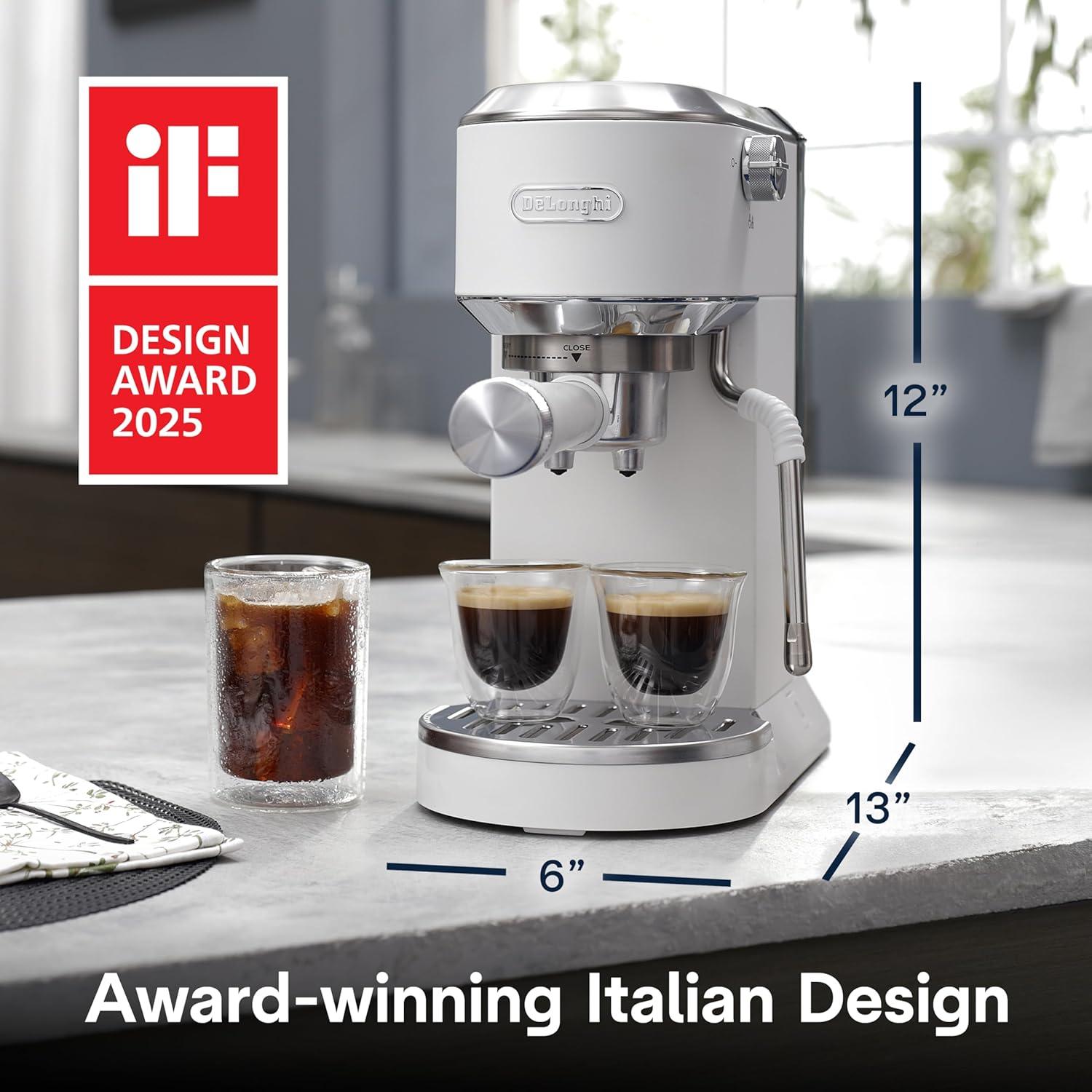 imageDeLonghi Dedica Duo Compact Espresso Machine Cold Brew Coffee Maker with Milk Frother Wand for Espresso Hot ampamp Iced Coffee Cappuccinos Lattes ampamp Home Barista Brewing Stainless Steel FinishVanilla