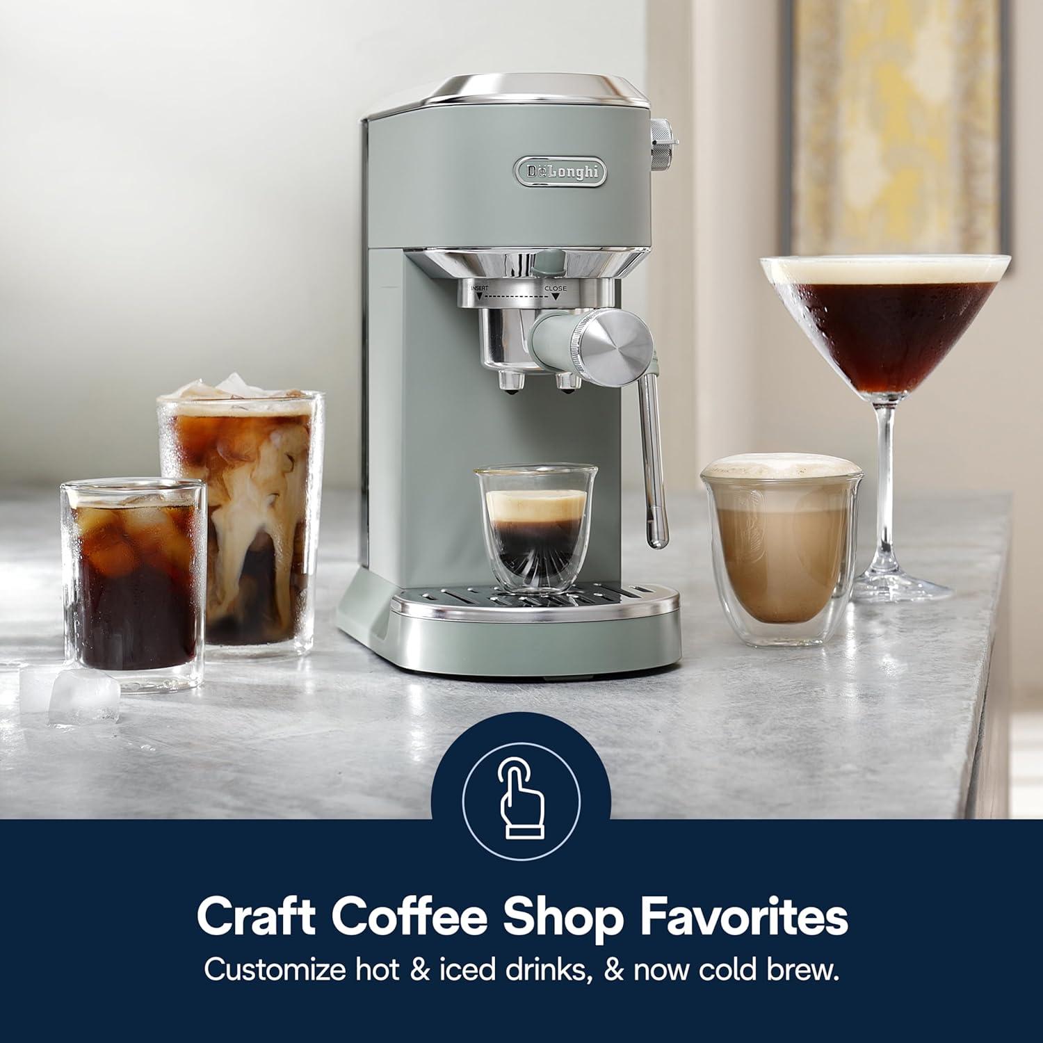 imageDeLonghi Dedica Duo Compact Espresso Machine Cold Brew Coffee Maker with Milk Frother Wand for Espresso Hot ampamp Iced Coffee Cappuccinos Lattes ampamp Home Barista Brewing Stainless Steel FinishPistachio Green