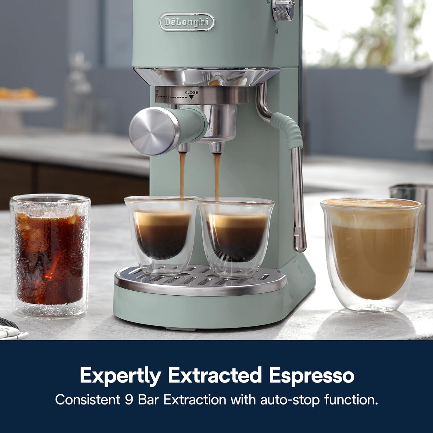 imageDeLonghi Dedica Duo Compact Espresso Machine Cold Brew Coffee Maker with Milk Frother Wand for Espresso Hot ampamp Iced Coffee Cappuccinos Lattes ampamp Home Barista Brewing Stainless Steel FinishPistachio Green