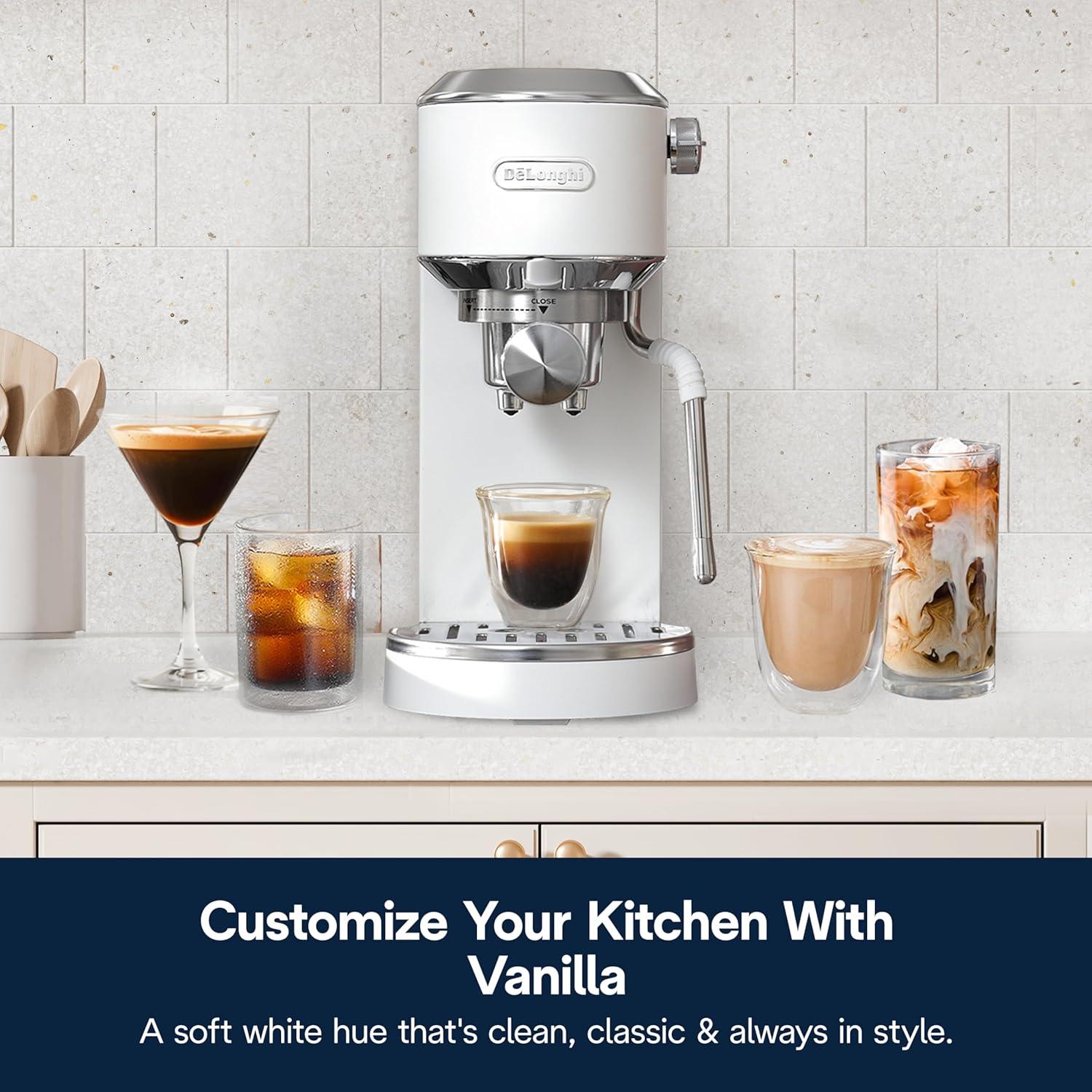 imageDeLonghi Dedica Duo Compact Espresso Machine Cold Brew Coffee Maker with Milk Frother Wand for Espresso Hot ampamp Iced Coffee Cappuccinos Lattes ampamp Home Barista Brewing Stainless Steel FinishVanilla