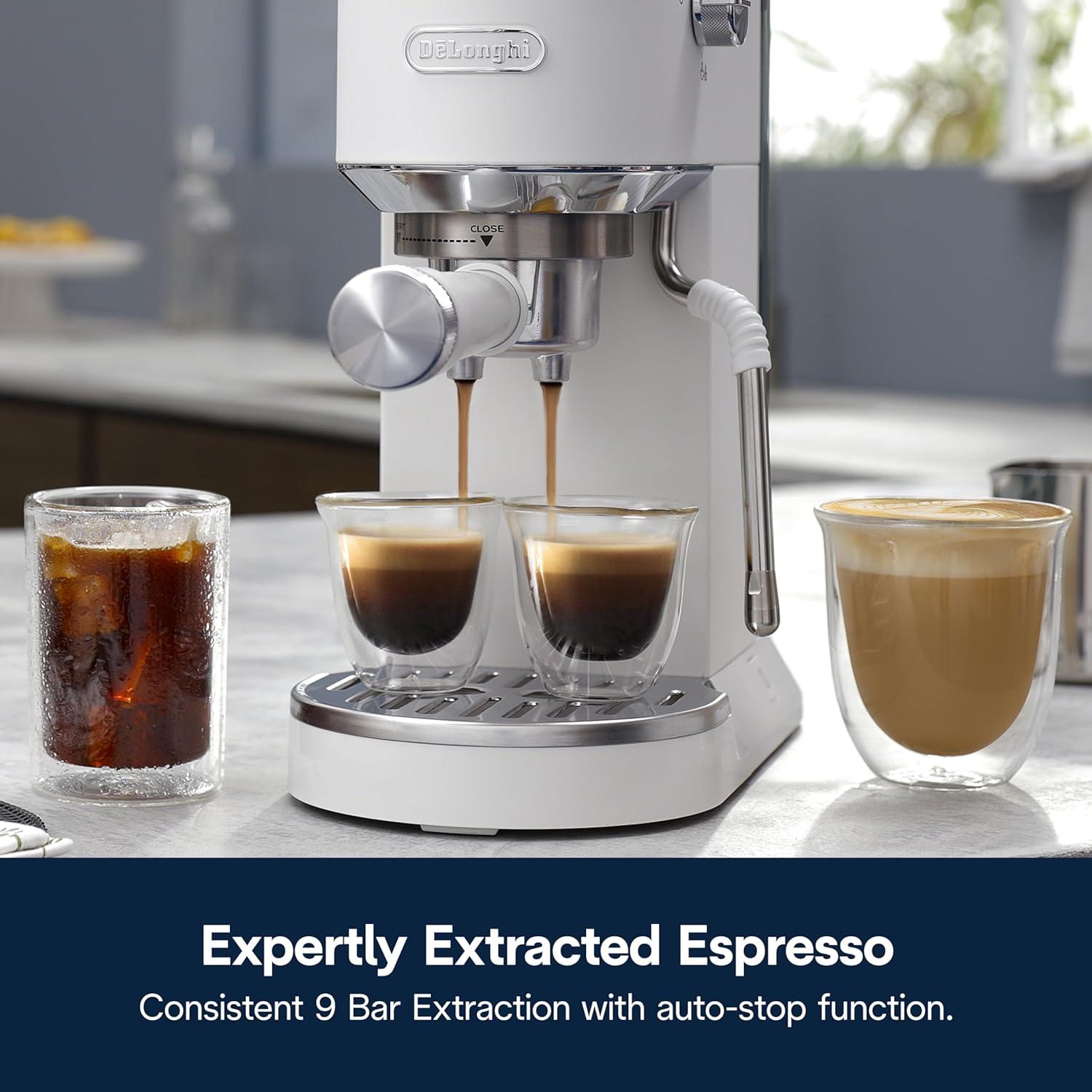 imageDeLonghi Dedica Duo Compact Espresso Machine Cold Brew Coffee Maker with Milk Frother Wand for Espresso Hot ampamp Iced Coffee Cappuccinos Lattes ampamp Home Barista Brewing Stainless Steel FinishVanilla