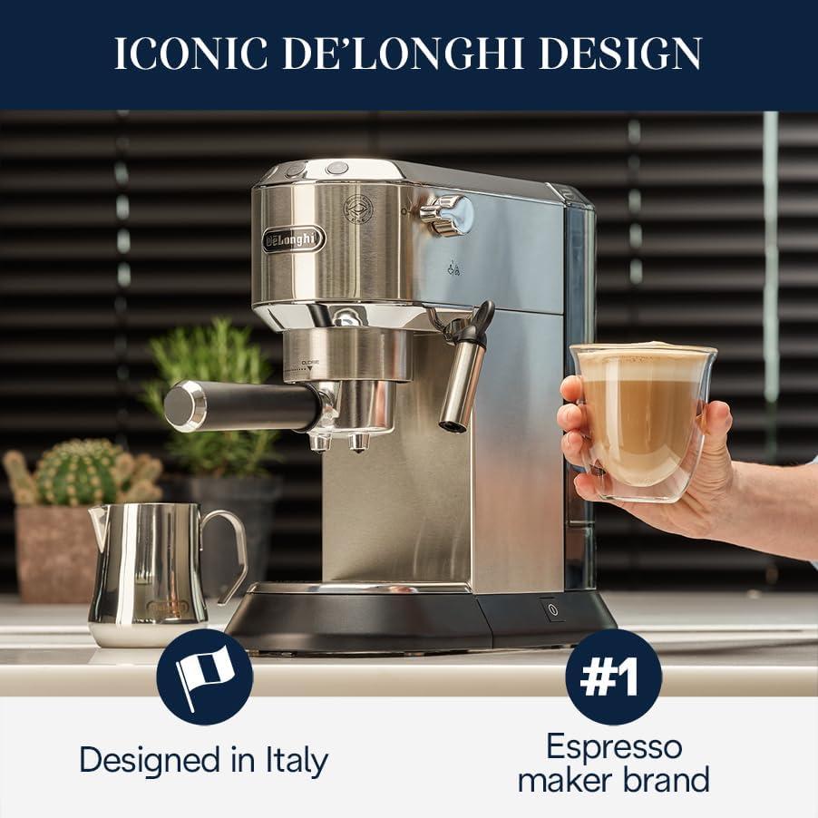 imageDeLonghi Dedica Espresso Machine with Manual Milk Frother 15Bar Pump ampamp Adjustable Tray Home Barista Coffee Maker for Espresso Latte Cappuccino ampamp Iced Coffee Italian Stainless Steel DesignSilver