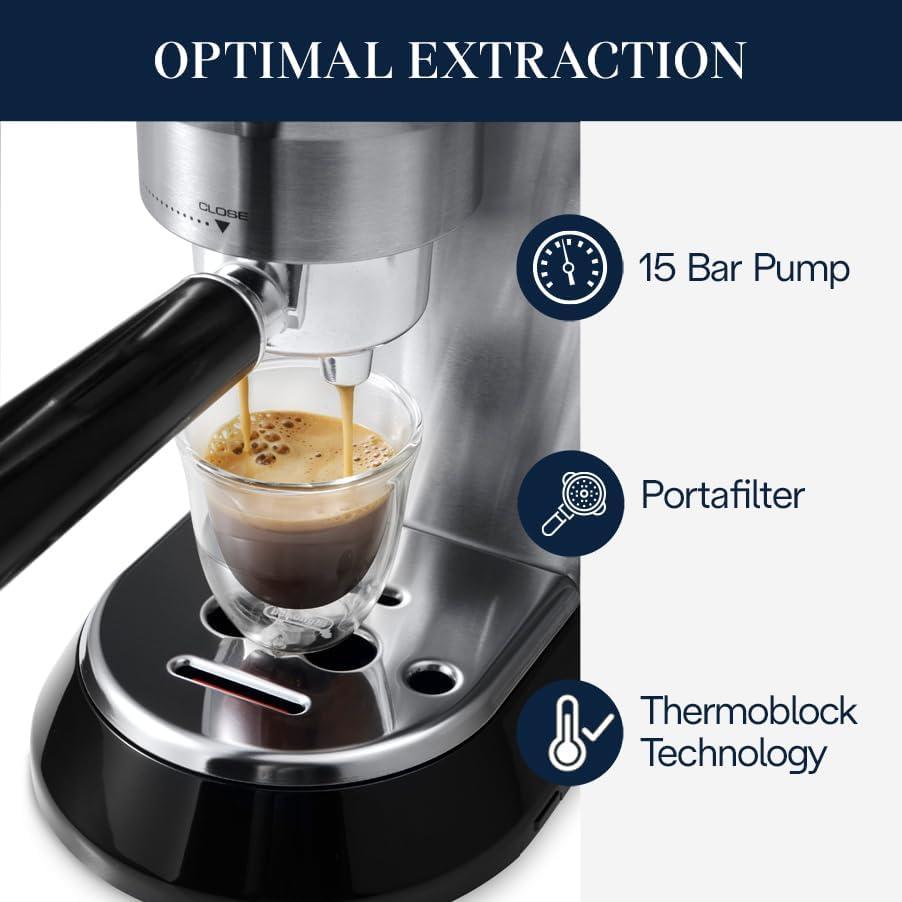 imageDeLonghi Dedica Espresso Machine with Manual Milk Frother 15Bar Pump ampamp Adjustable Tray Home Barista Coffee Maker for Espresso Latte Cappuccino ampamp Iced Coffee Italian Stainless Steel DesignSilver