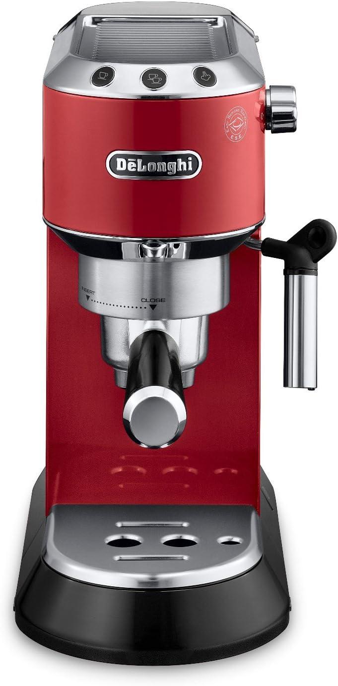imageDeLonghi Dedica Espresso Machine with Manual Milk Frother 15Bar Pump ampamp Adjustable Tray Home Barista Coffee Maker for Espresso Latte Cappuccino ampamp Iced Coffee Italian Stainless Steel DesignRed