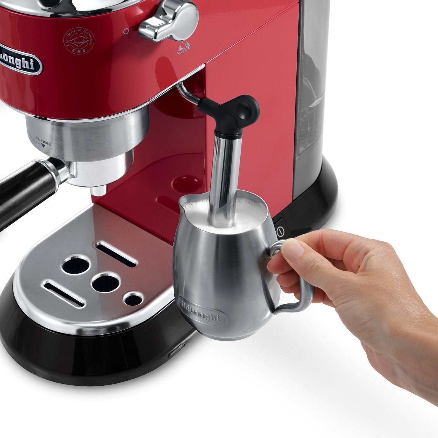 imageDeLonghi Dedica Espresso Machine with Manual Milk Frother 15Bar Pump ampamp Adjustable Tray Home Barista Coffee Maker for Espresso Latte Cappuccino ampamp Iced Coffee Italian Stainless Steel DesignRed