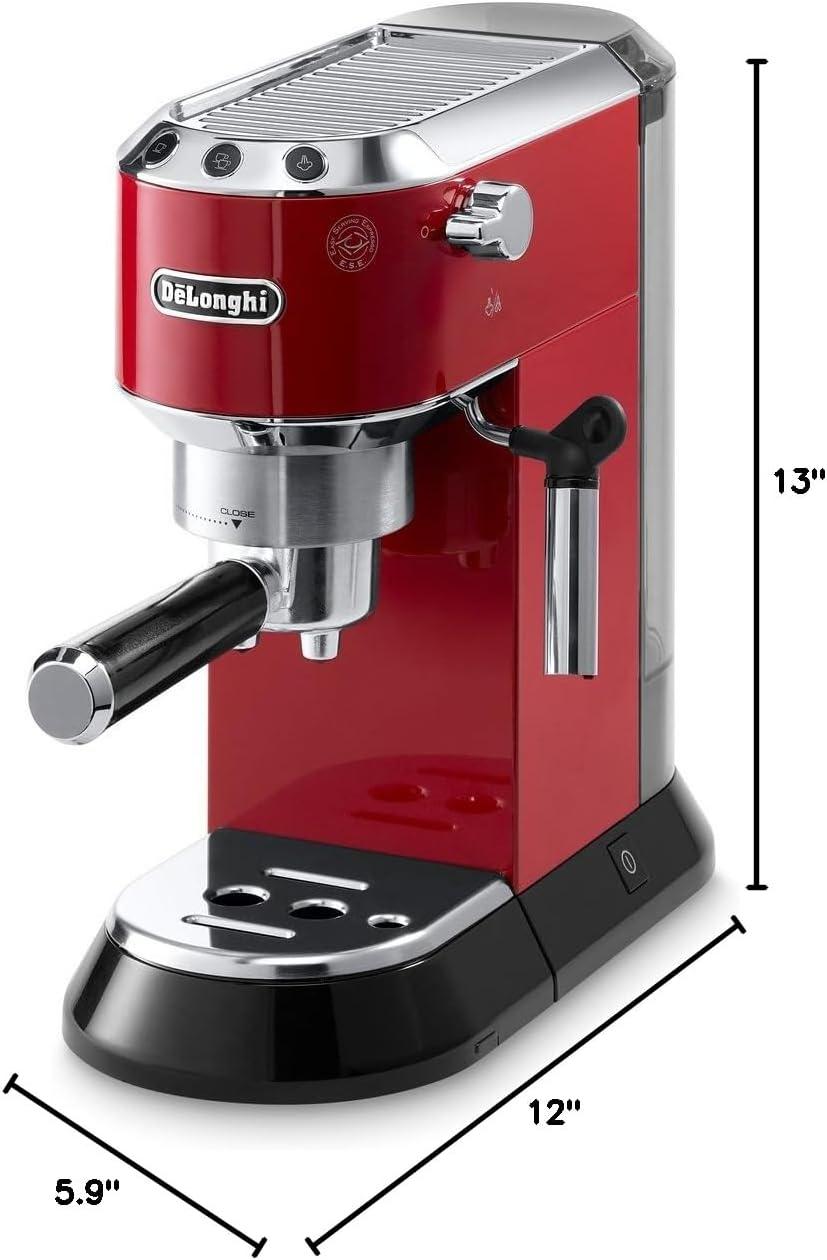 imageDeLonghi Dedica Espresso Machine with Manual Milk Frother 15Bar Pump ampamp Adjustable Tray Home Barista Coffee Maker for Espresso Latte Cappuccino ampamp Iced Coffee Italian Stainless Steel DesignRed