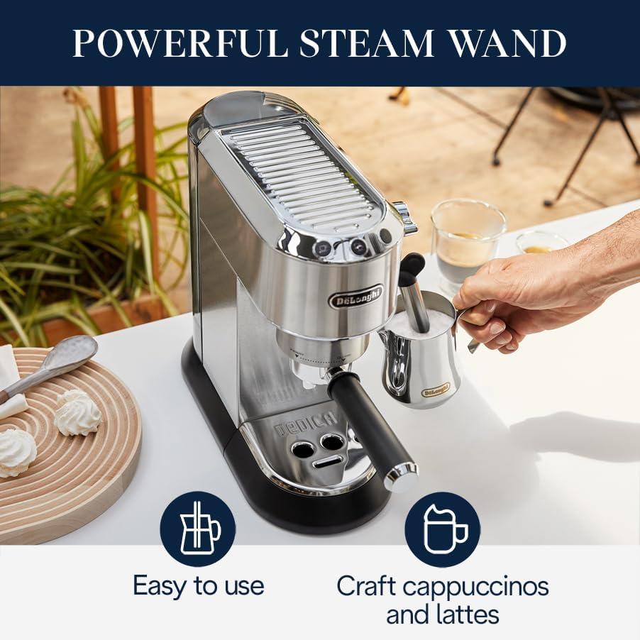 imageDeLonghi Dedica Espresso Machine with Manual Milk Frother 15Bar Pump ampamp Adjustable Tray Home Barista Coffee Maker for Espresso Latte Cappuccino ampamp Iced Coffee Italian Stainless Steel DesignSilver