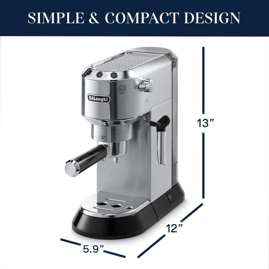 imageDeLonghi Dedica Espresso Machine with Manual Milk Frother 15Bar Pump ampamp Adjustable Tray Home Barista Coffee Maker for Espresso Latte Cappuccino ampamp Iced Coffee Italian Stainless Steel DesignSilver